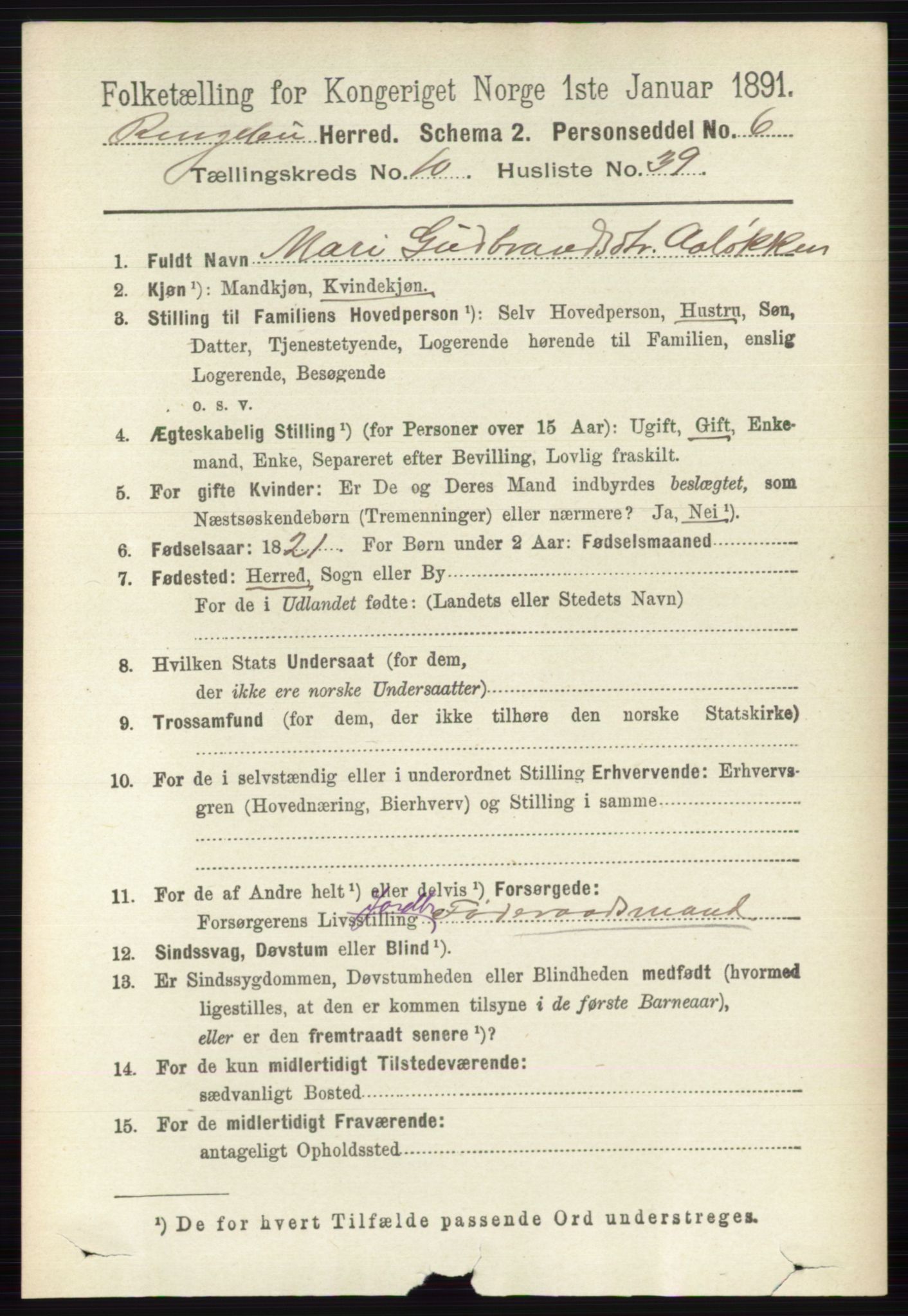 RA, 1891 census for 0520 Ringebu, 1891, p. 5106