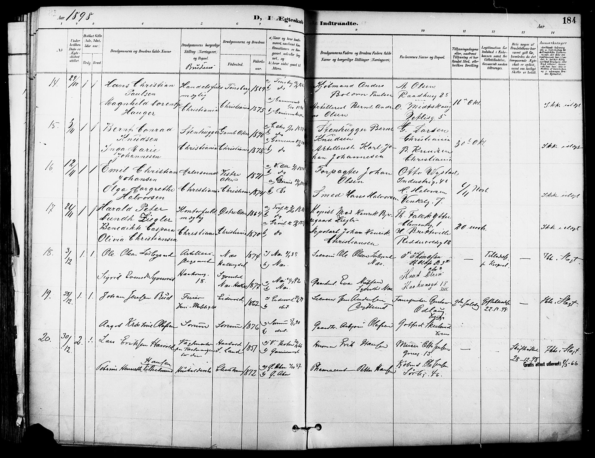 Garnisonsmenigheten Kirkebøker, SAO/A-10846/F/Fa/L0013: Parish register (official) no. 13, 1894-1904, p. 184