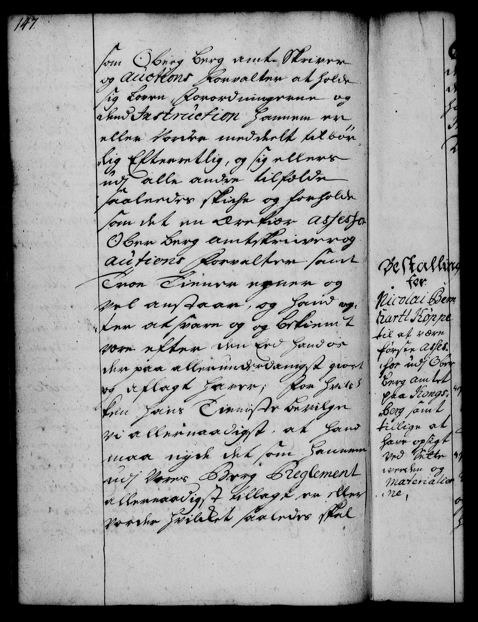 Rentekammeret, Kammerkanselliet, RA/EA-3111/G/Gg/Gge/L0002: Norsk bestallingsprotokoll med register (merket RK 53.26), 1730-1744, p. 147