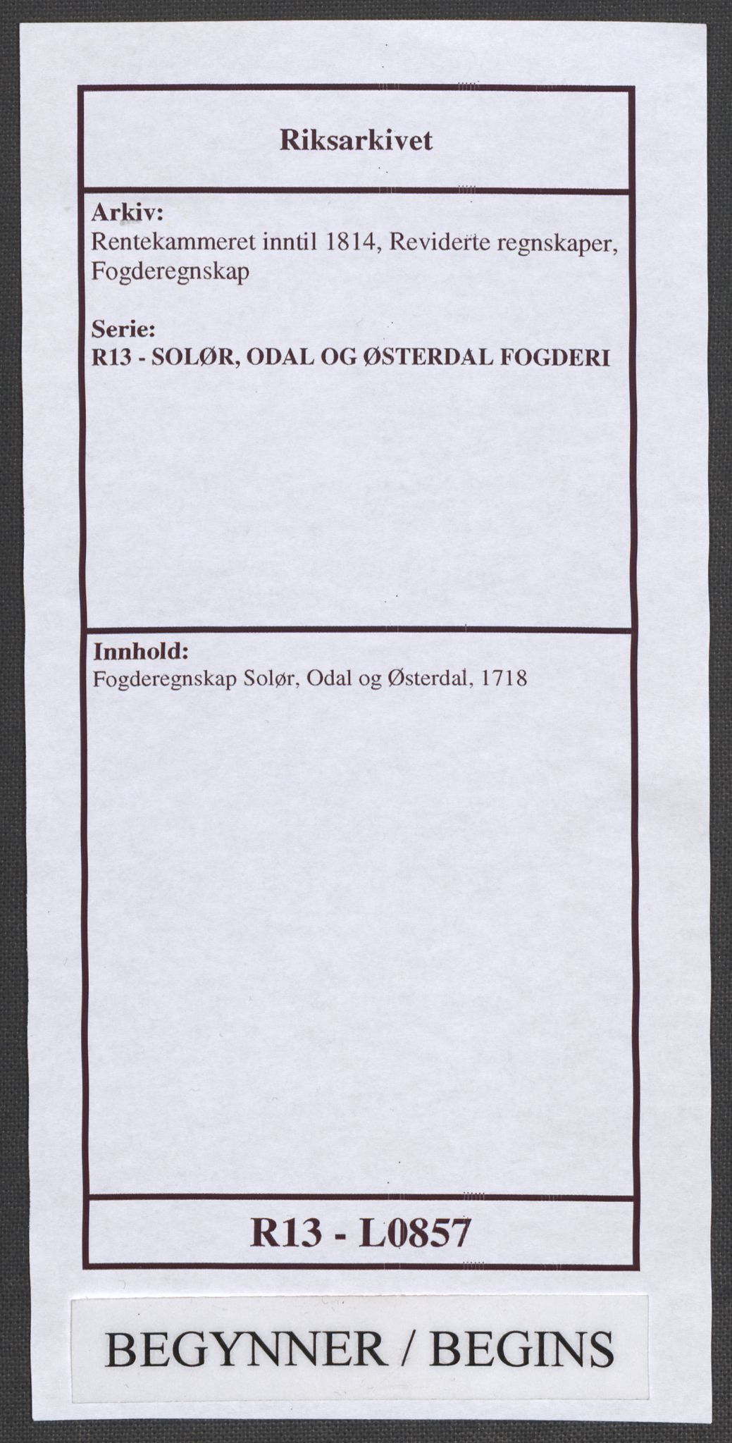 Rentekammeret inntil 1814, Reviderte regnskaper, Fogderegnskap, AV/RA-EA-4092/R13/L0857: Fogderegnskap Solør, Odal og Østerdal, 1718, p. 1