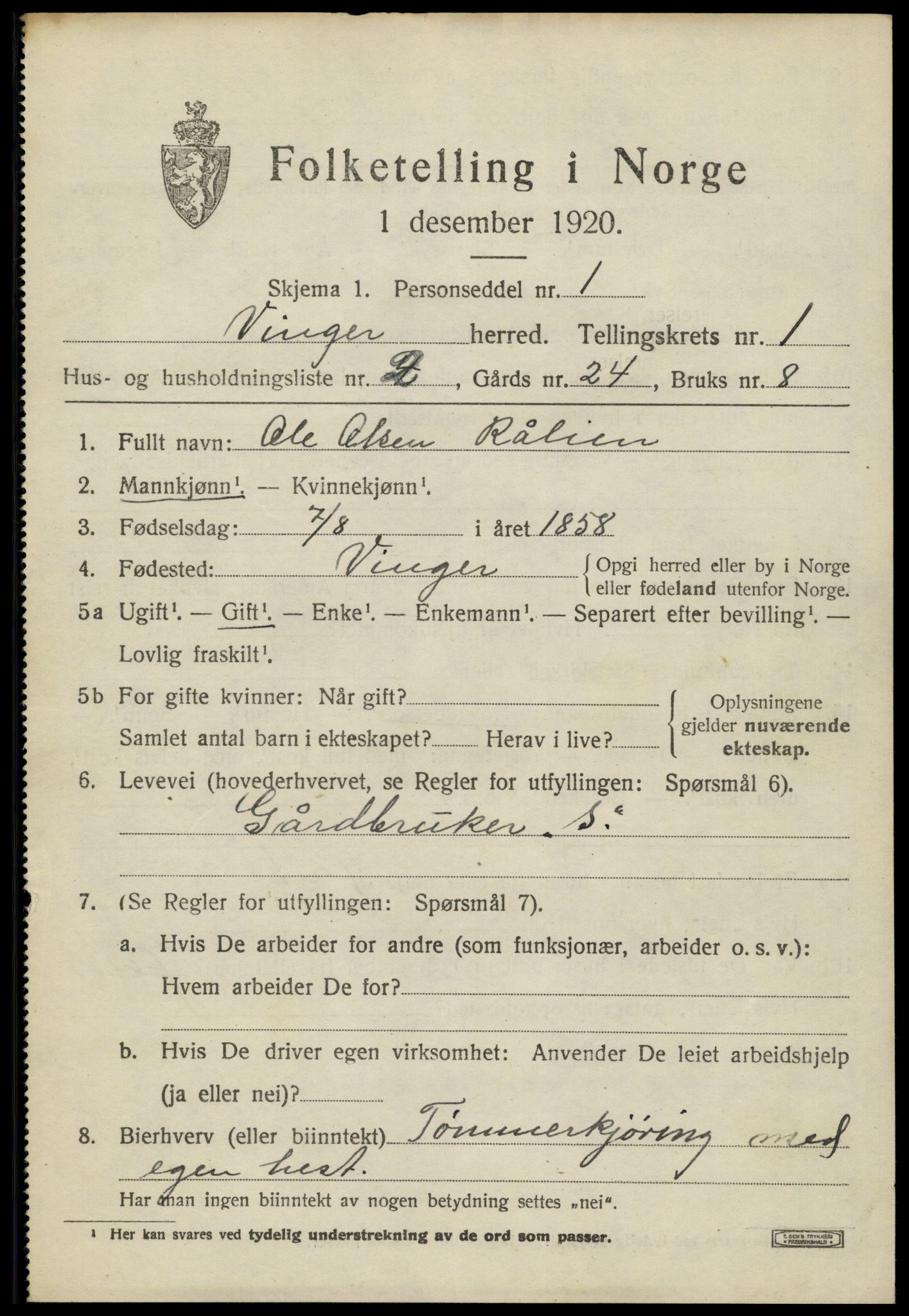 SAH, 1920 census for Vinger, 1920, p. 1846