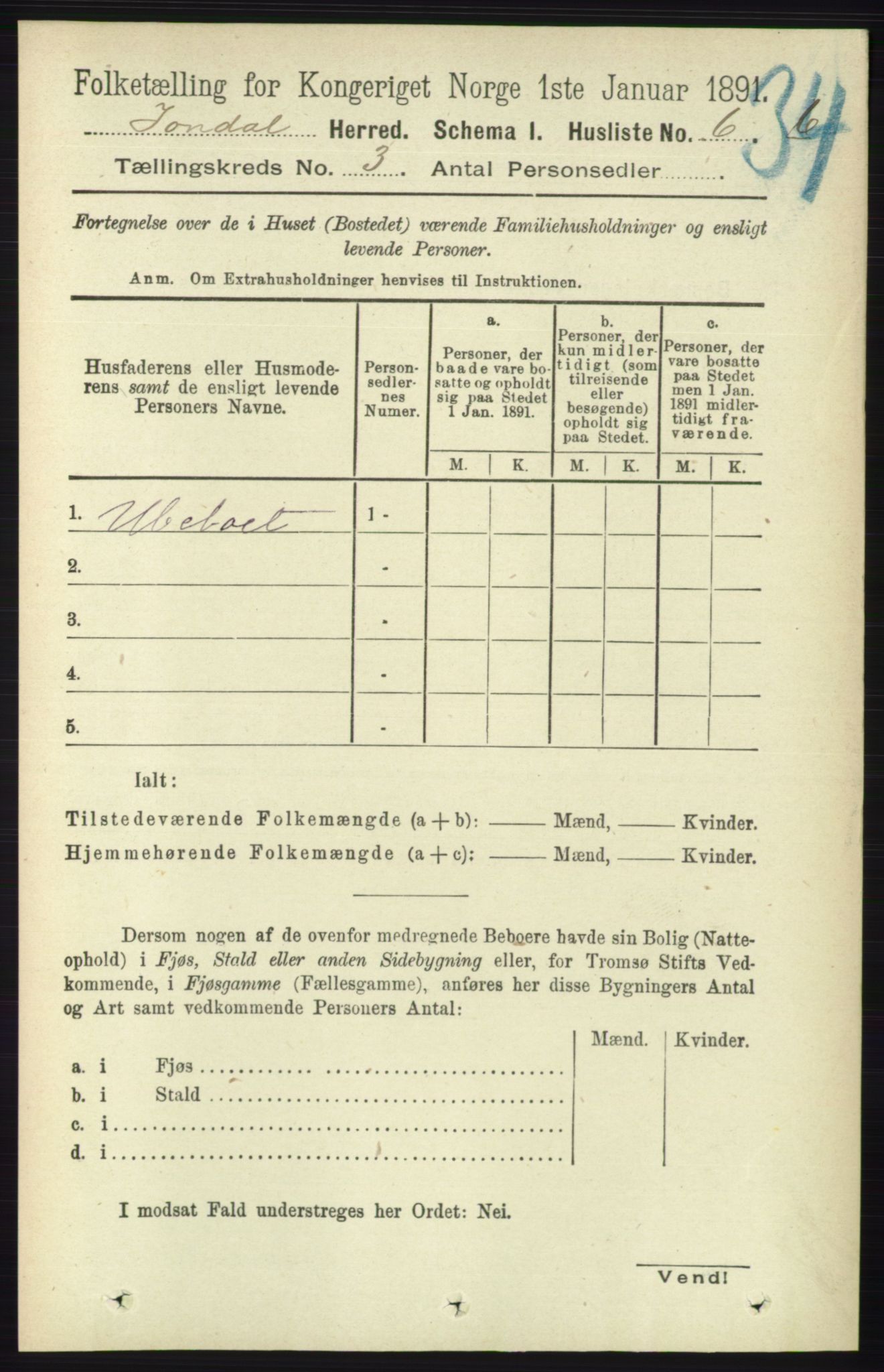 RA, 1891 census for 1227 Jondal, 1891, p. 1185