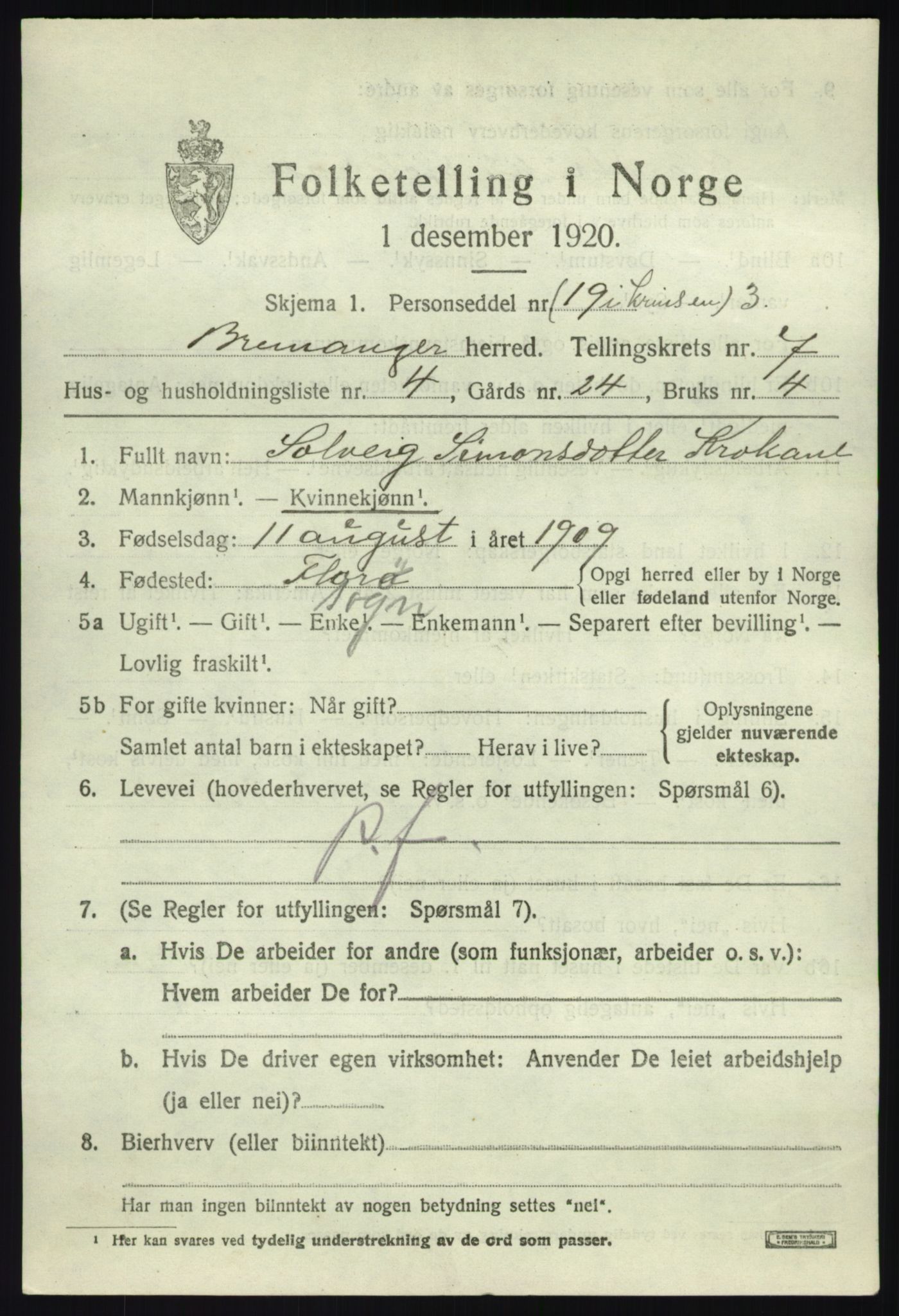 SAB, 1920 census for Bremanger, 1920, p. 4438