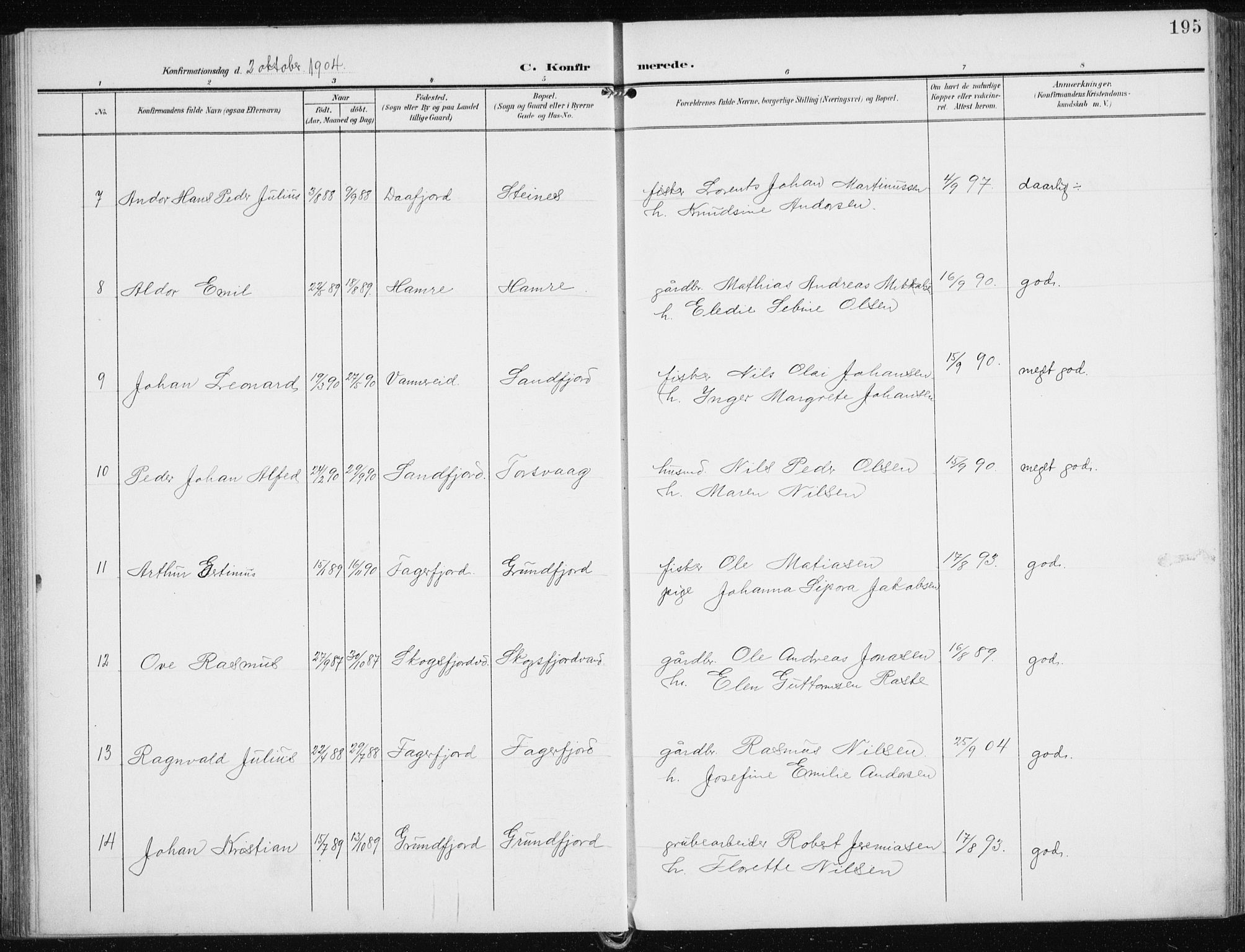 Karlsøy sokneprestembete, AV/SATØ-S-1299/H/Ha/Haa/L0014kirke: Parish register (official) no. 14, 1903-1917, p. 195