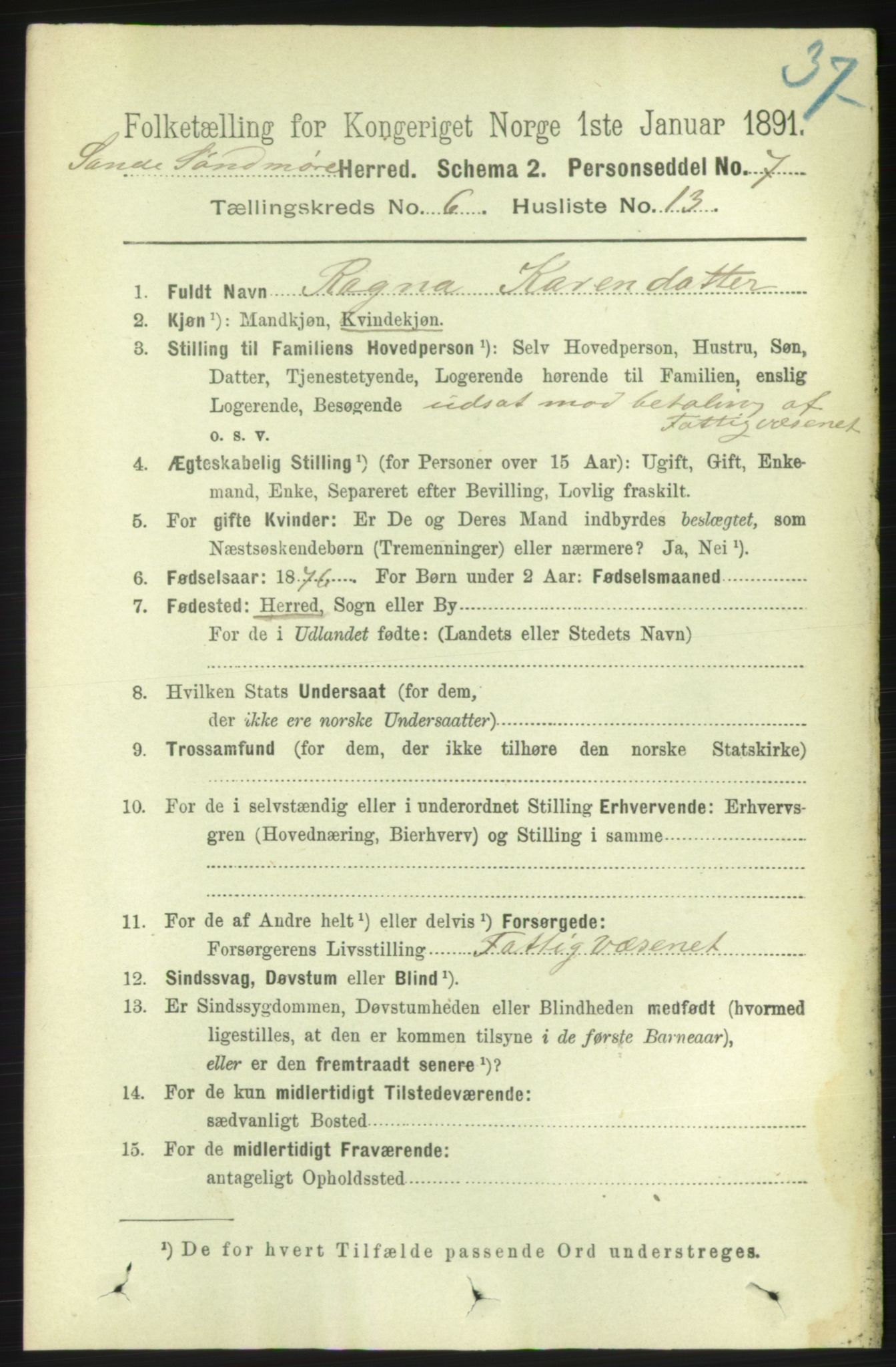 RA, 1891 census for 1514 Sande, 1891, p. 1122