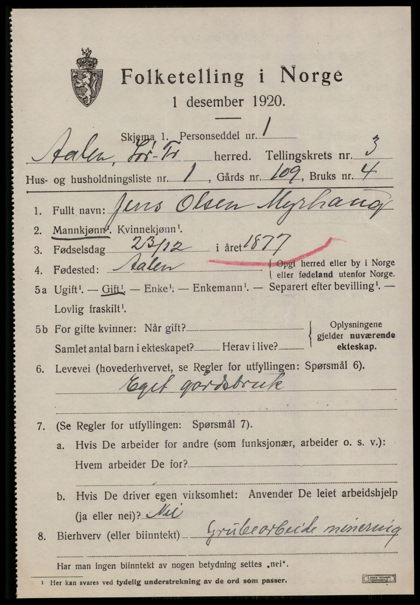 SAT, 1920 census for Ålen, 1920, p. 1522