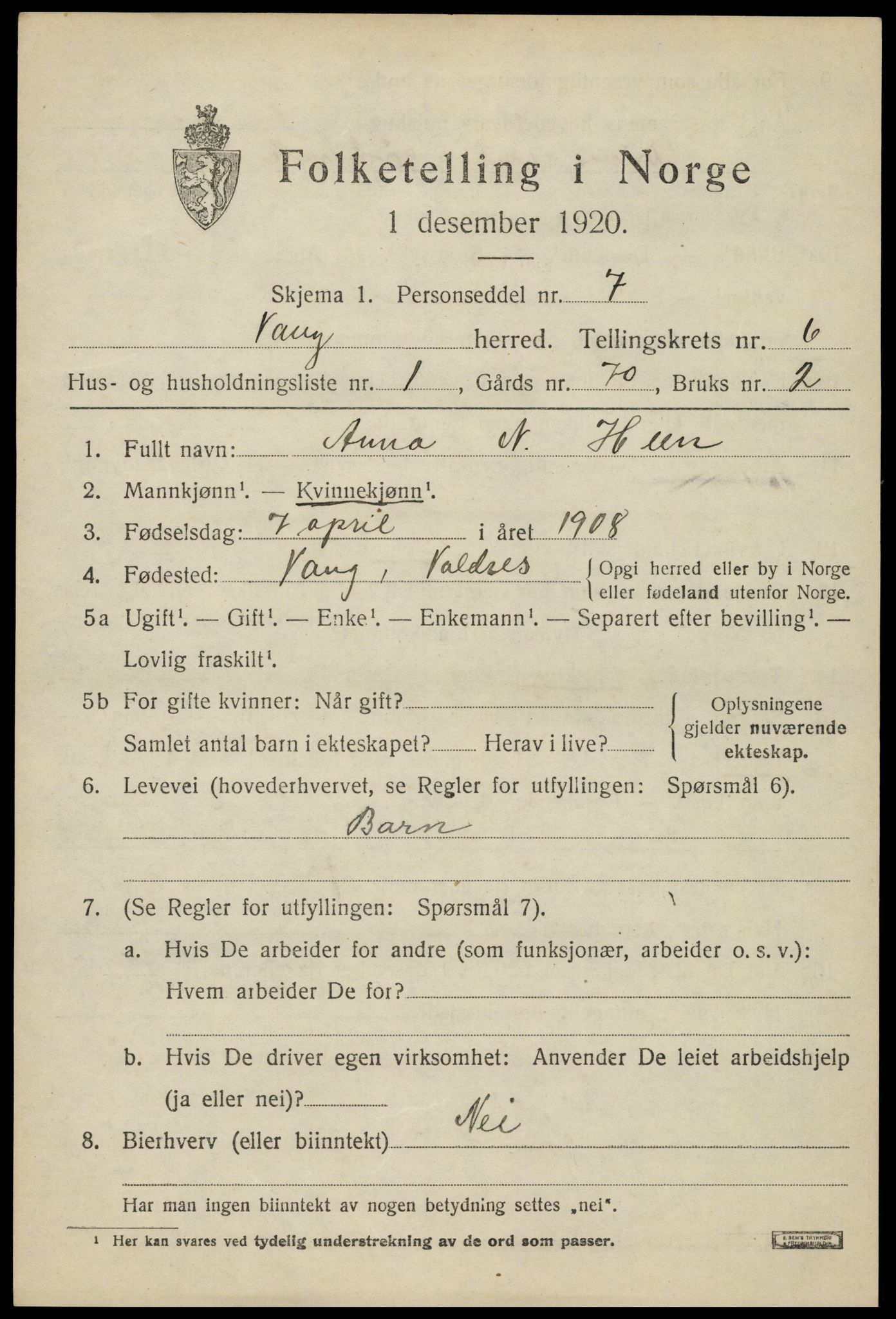 SAH, 1920 census for Vang (Oppland), 1920, p. 2641