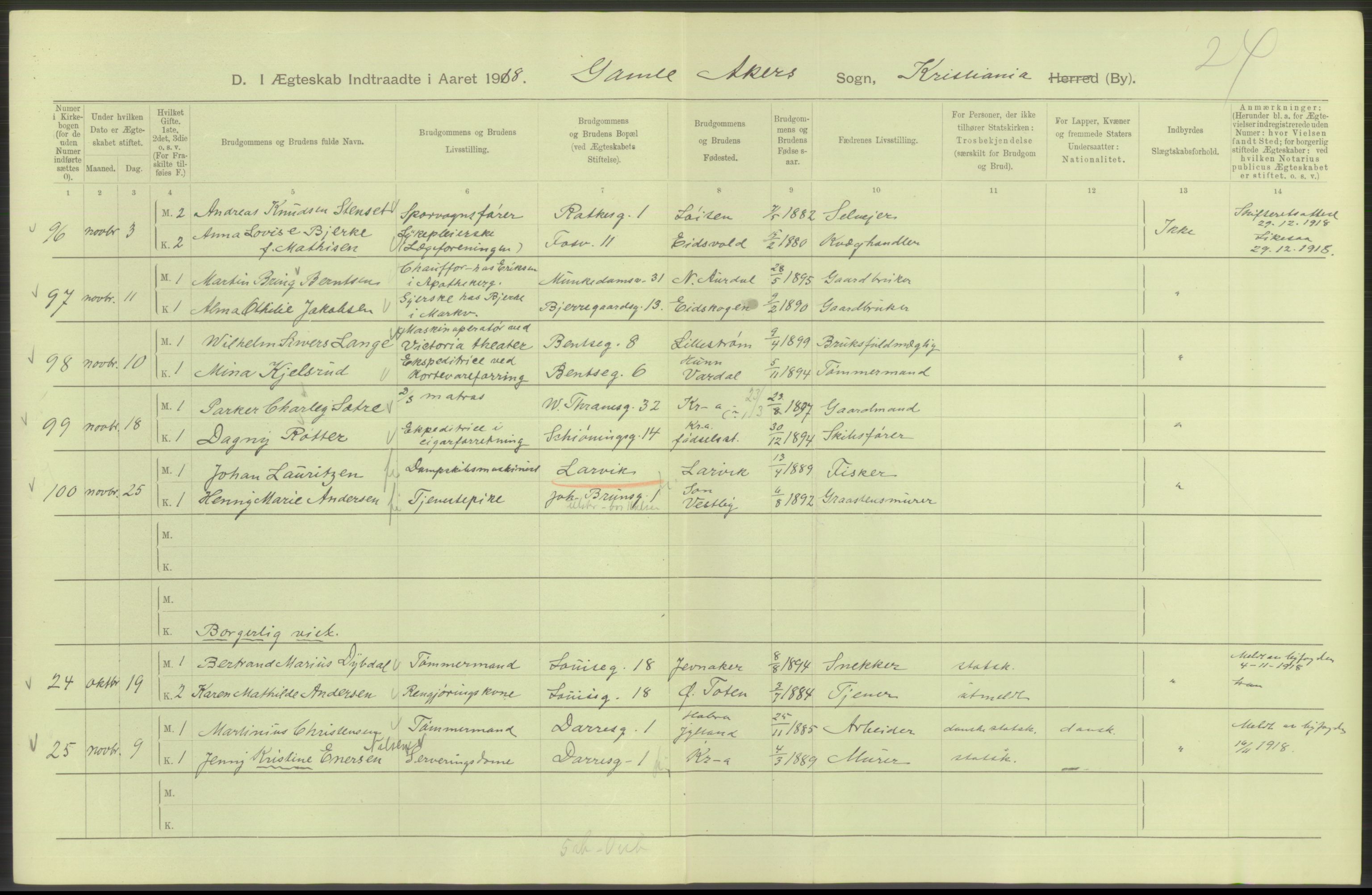 Statistisk sentralbyrå, Sosiodemografiske emner, Befolkning, AV/RA-S-2228/D/Df/Dfb/Dfbh/L0009: Kristiania: Gifte, 1918, p. 330