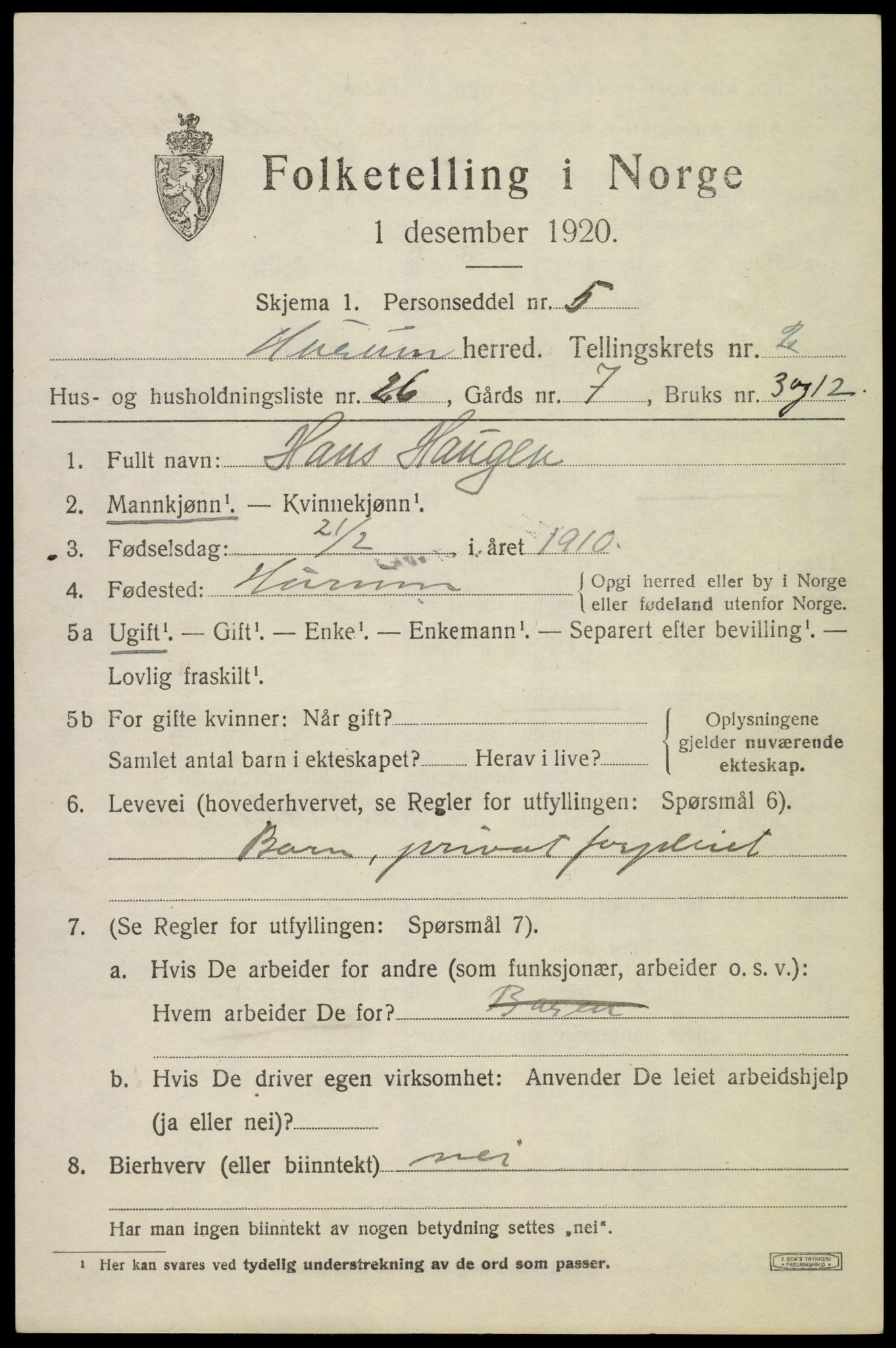 SAKO, 1920 census for Hurum, 1920, p. 4108