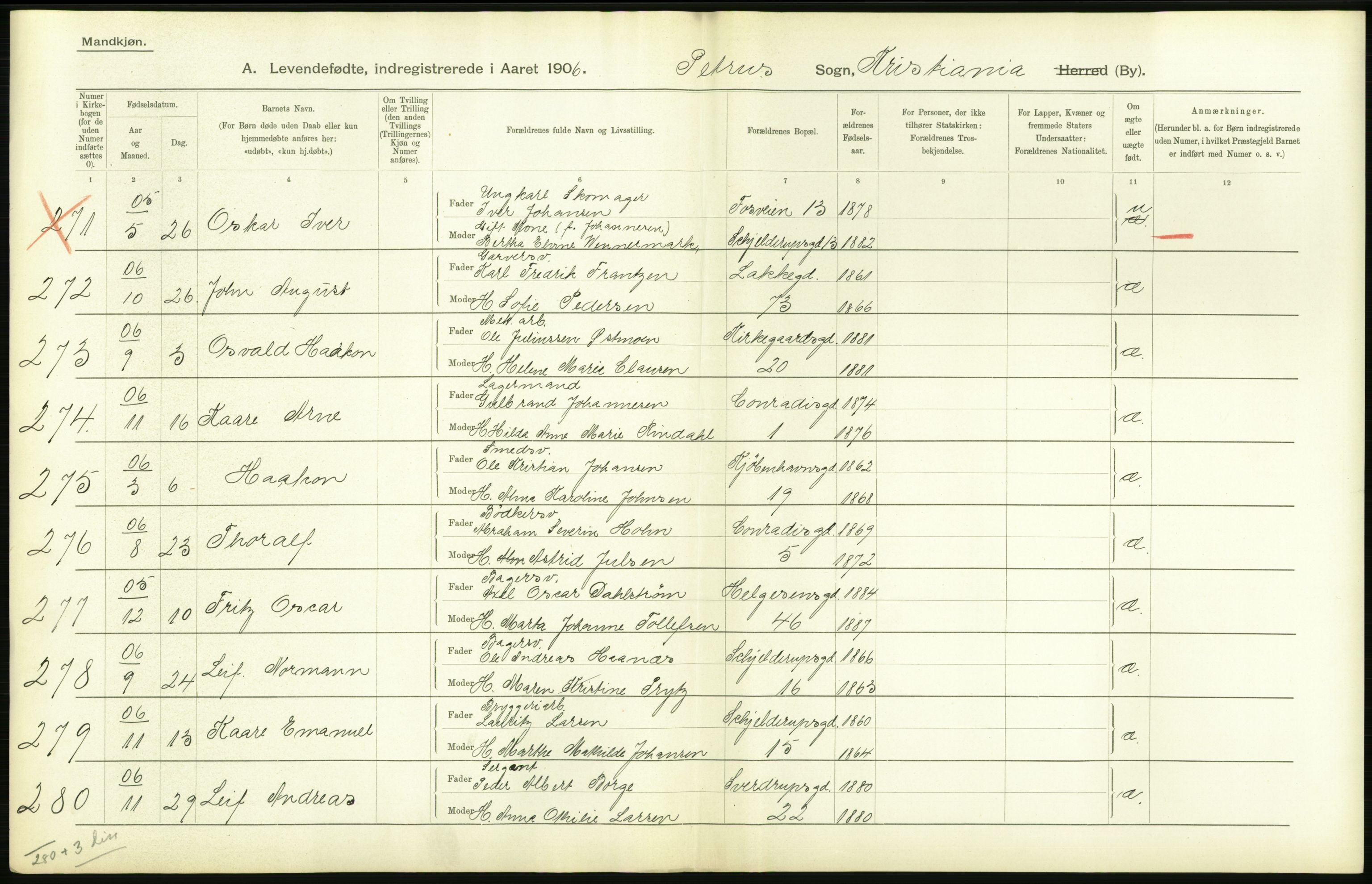 Statistisk sentralbyrå, Sosiodemografiske emner, Befolkning, AV/RA-S-2228/D/Df/Dfa/Dfad/L0007: Kristiania: Levendefødte menn og kvinner., 1906, p. 690