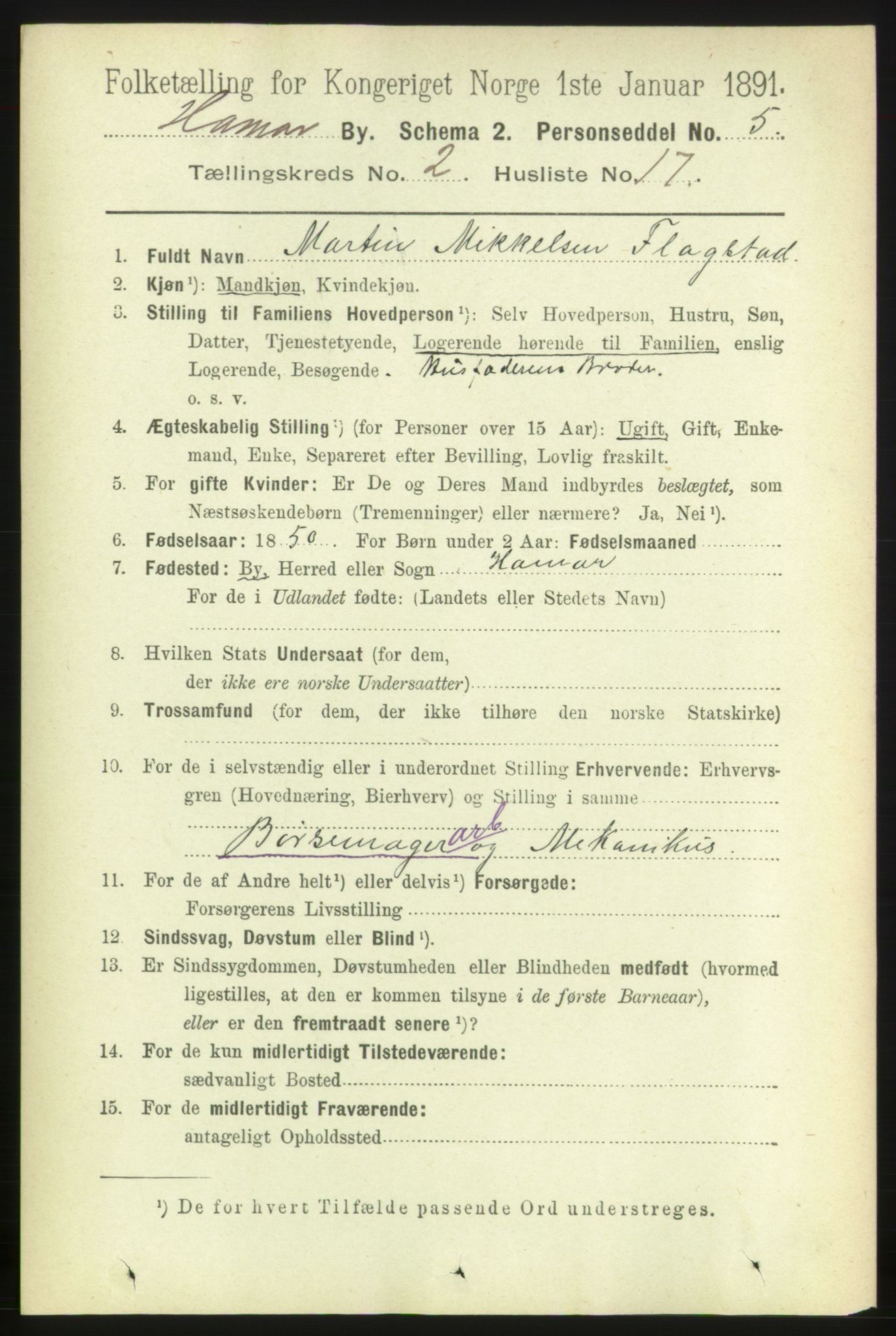 RA, 1891 census for 0401 Hamar, 1891, p. 1224