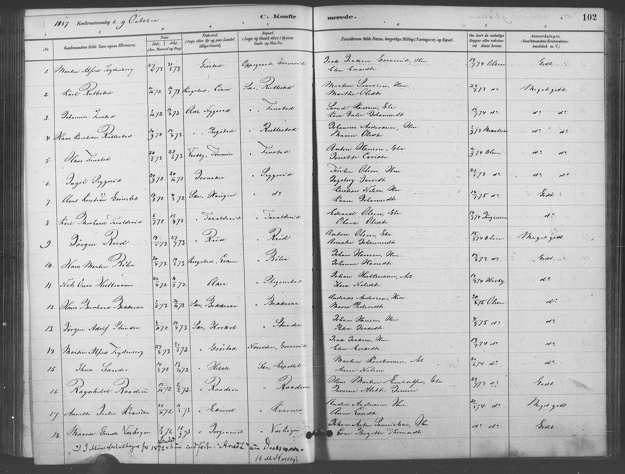Kråkstad prestekontor Kirkebøker, SAO/A-10125a/F/Fb/L0001: Parish register (official) no. II 1, 1880-1892, p. 102