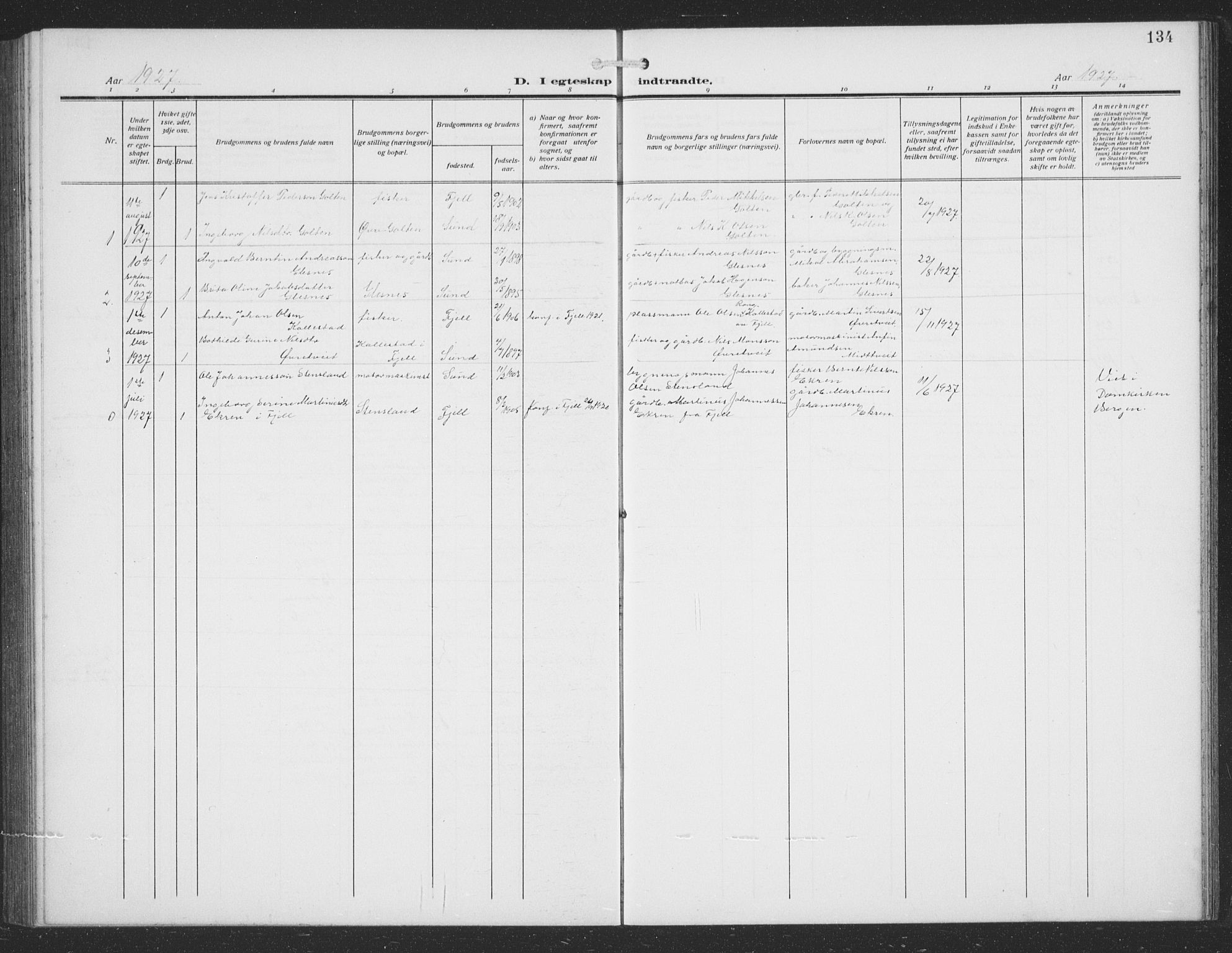 Sund sokneprestembete, AV/SAB-A-99930: Parish register (copy) no. C 1, 1913-1928, p. 134