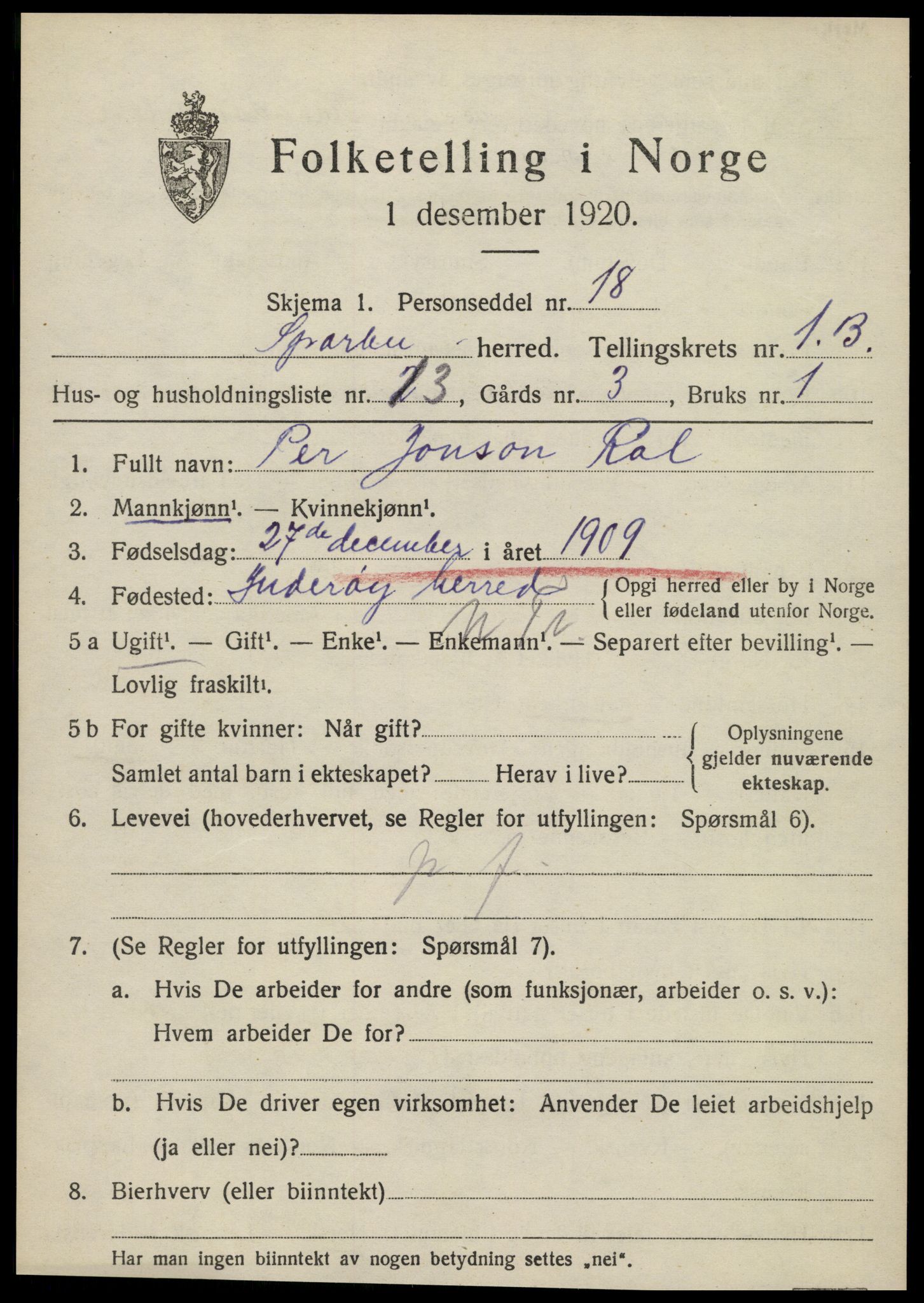 SAT, 1920 census for Sparbu, 1920, p. 2103
