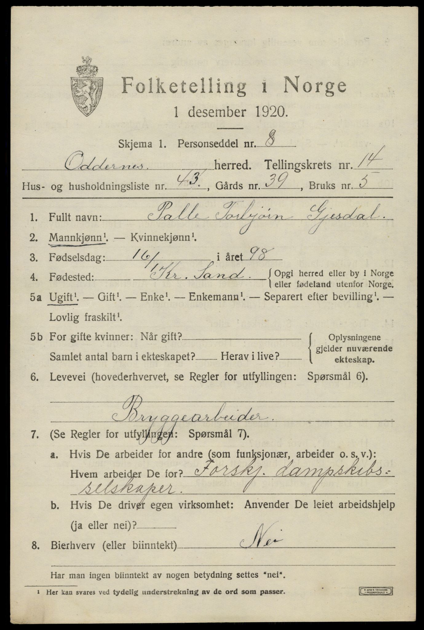 SAK, 1920 census for Oddernes, 1920, p. 8971