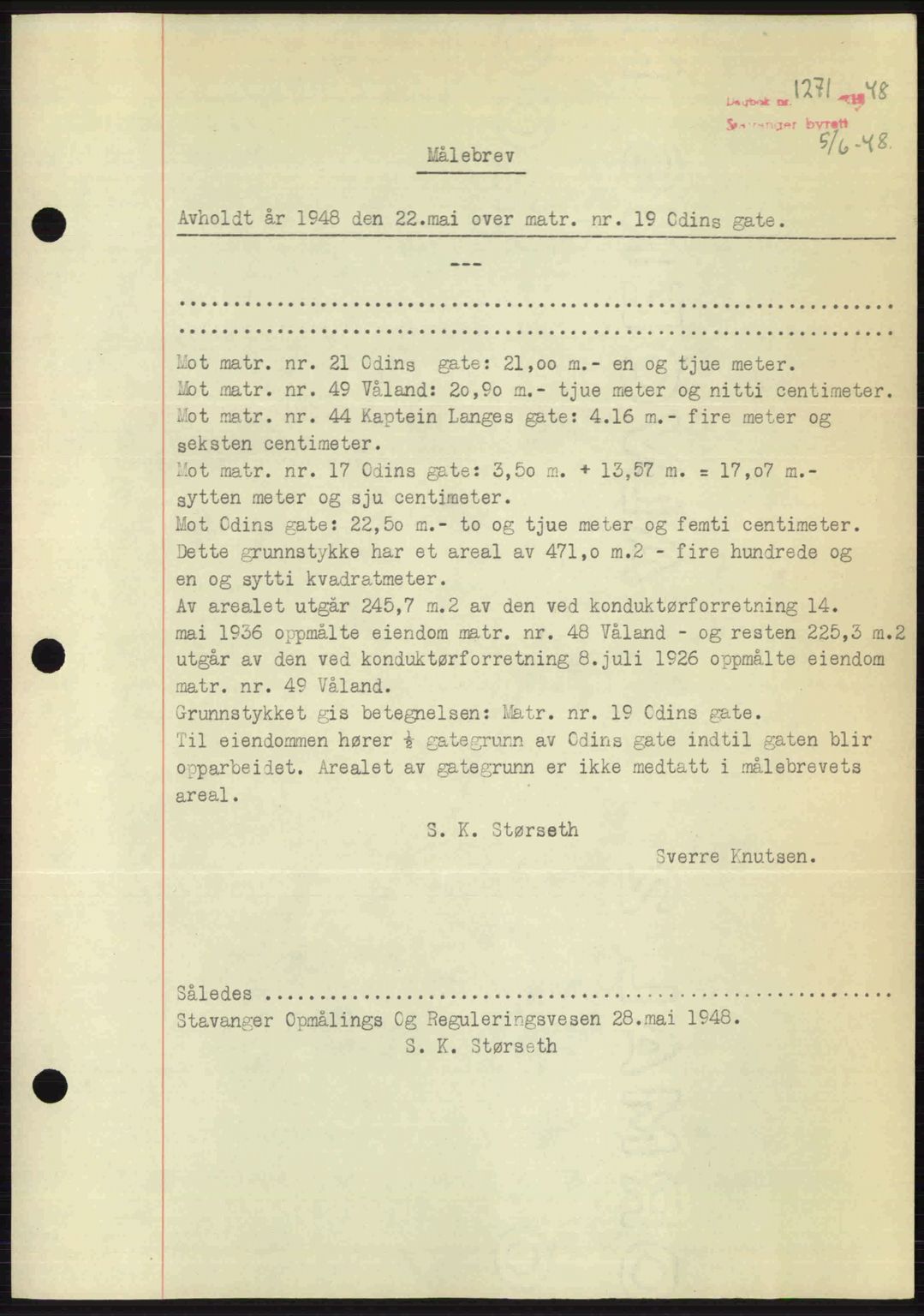 Stavanger byrett, SAST/A-100455/002/G/Gb/L0022: Mortgage book no. A11, 1947-1948, Diary no: : 1271/1948