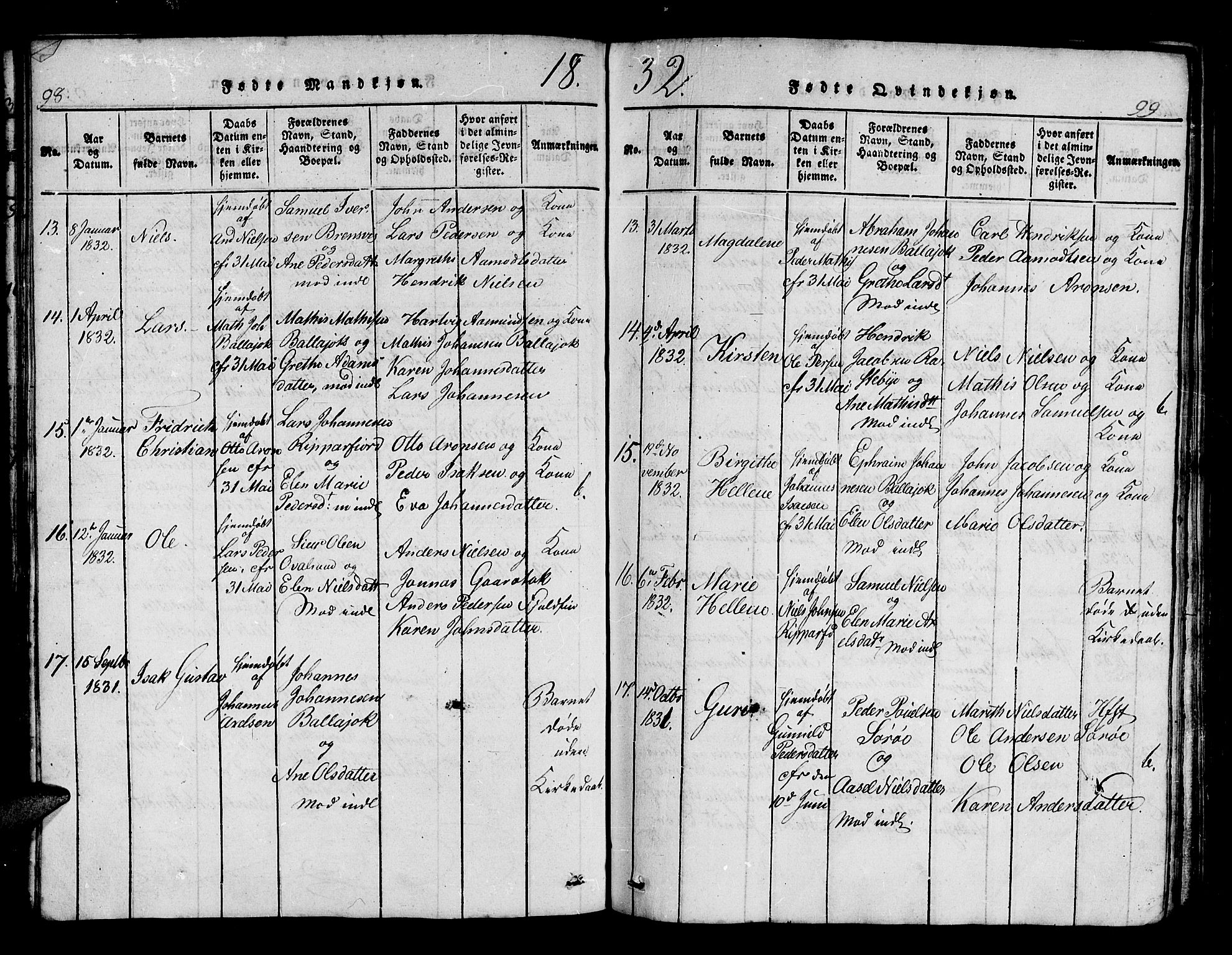 Hammerfest sokneprestkontor, AV/SATØ-S-1347/H/Hb/L0001.klokk: Parish register (copy) no. 1, 1822-1850, p. 98-99