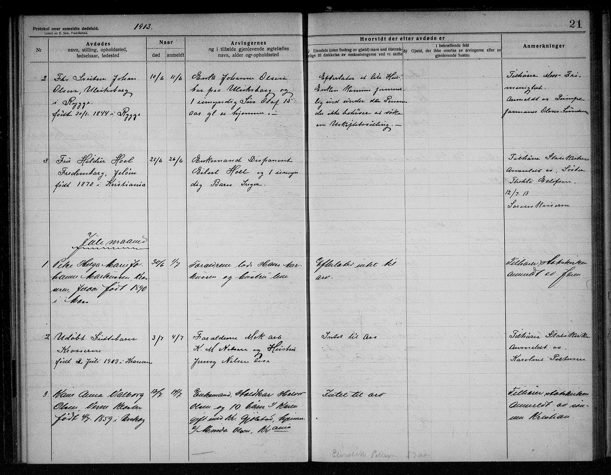 Rygge lensmannskontor, AV/SAO-A-10005/H/Ha/Haa/L0005: Dødsfallsprotokoll, 1912-1916, p. 21