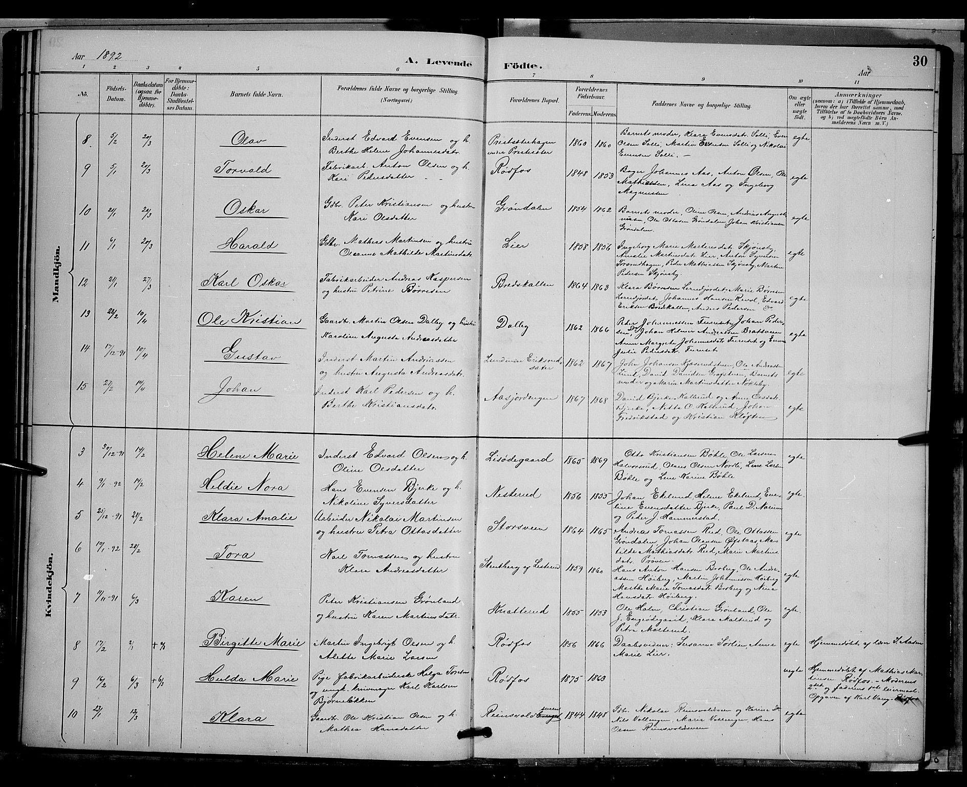 Vestre Toten prestekontor, SAH/PREST-108/H/Ha/Hab/L0009: Parish register (copy) no. 9, 1888-1900, p. 30