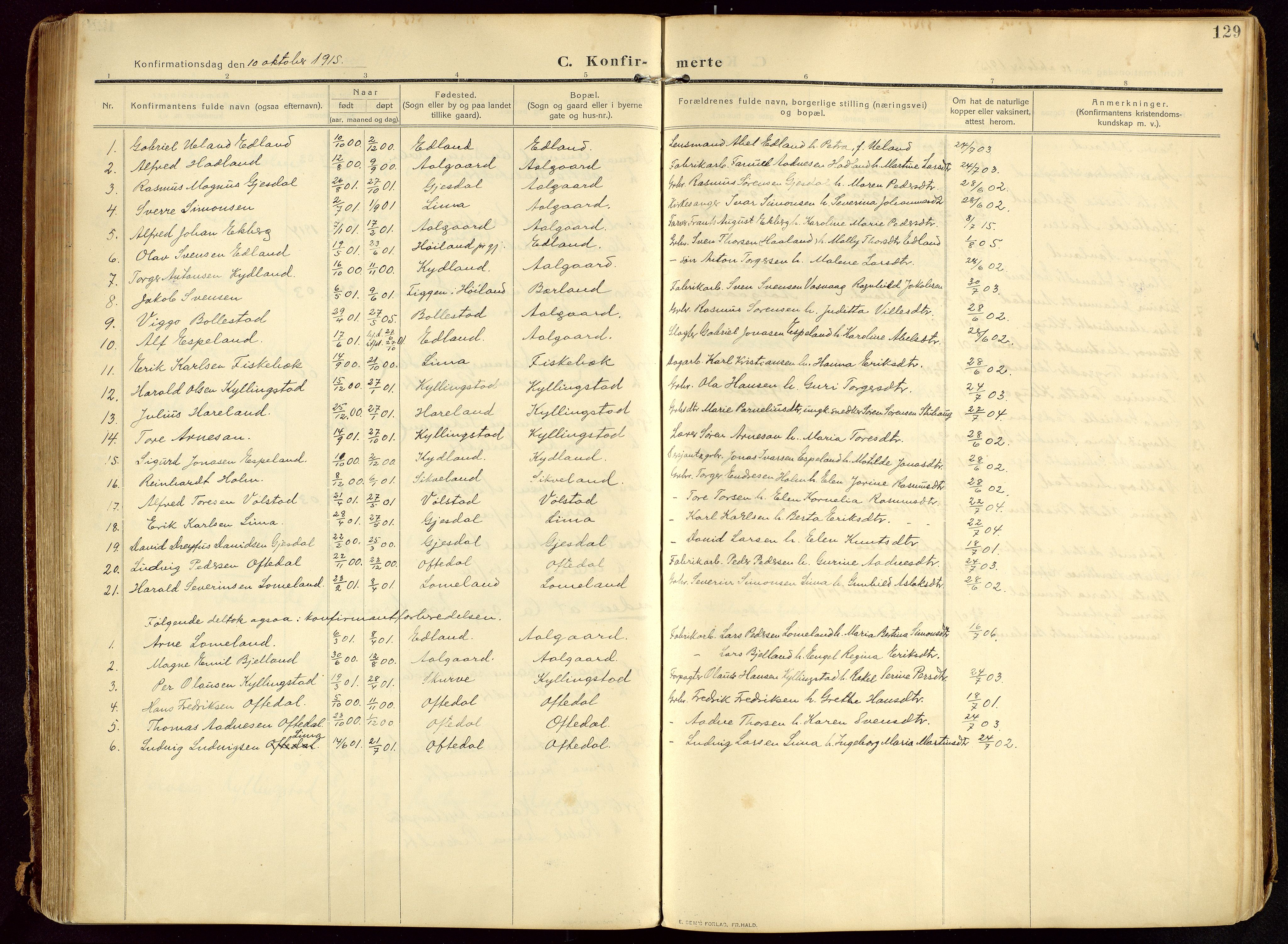 Lye sokneprestkontor, SAST/A-101794/002/B/L0001: Parish register (official) no. A 13, 1910-1925, p. 129