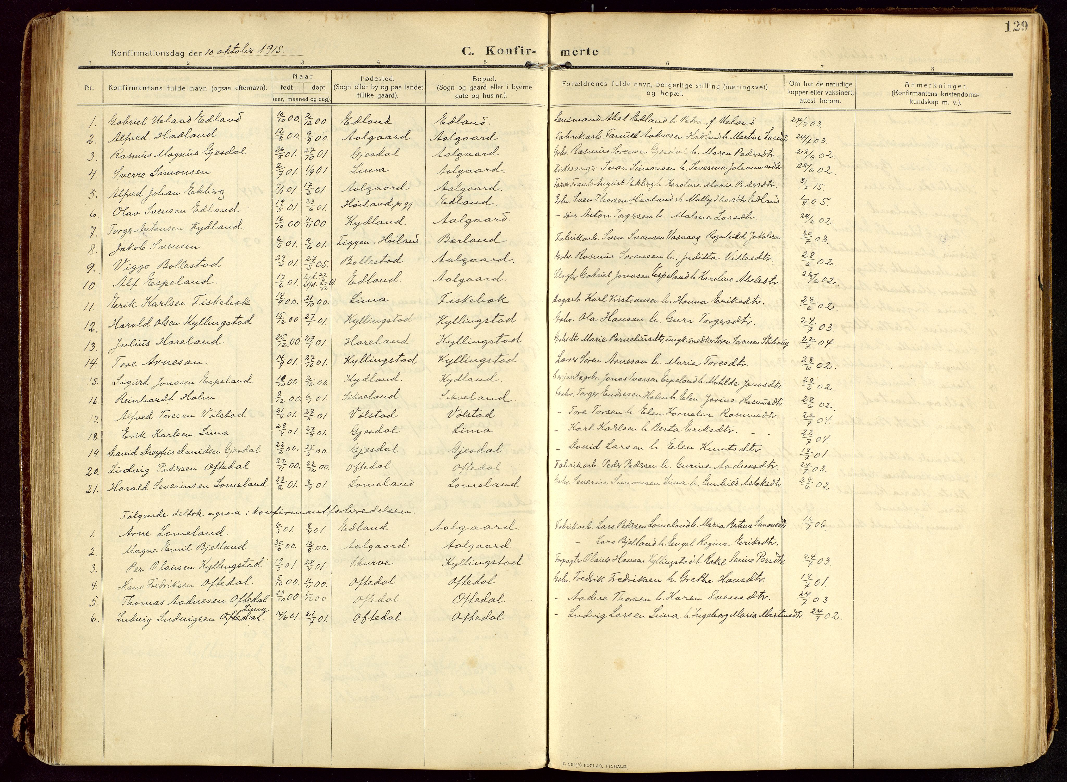 Lye sokneprestkontor, AV/SAST-A-101794/002/B/L0001: Parish register (official) no. A 13, 1910-1925, p. 129