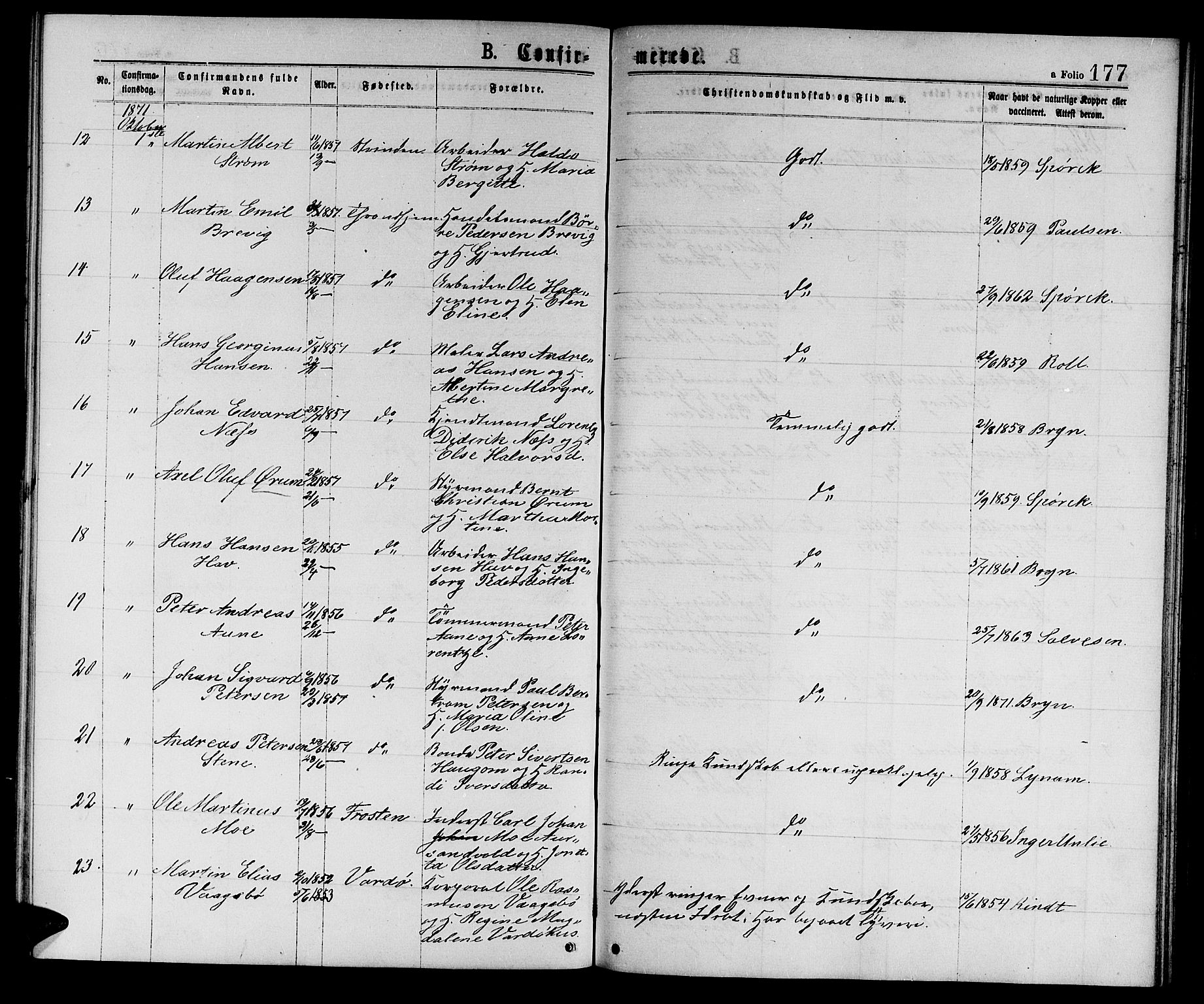 Ministerialprotokoller, klokkerbøker og fødselsregistre - Sør-Trøndelag, AV/SAT-A-1456/601/L0088: Parish register (copy) no. 601C06, 1870-1878, p. 177