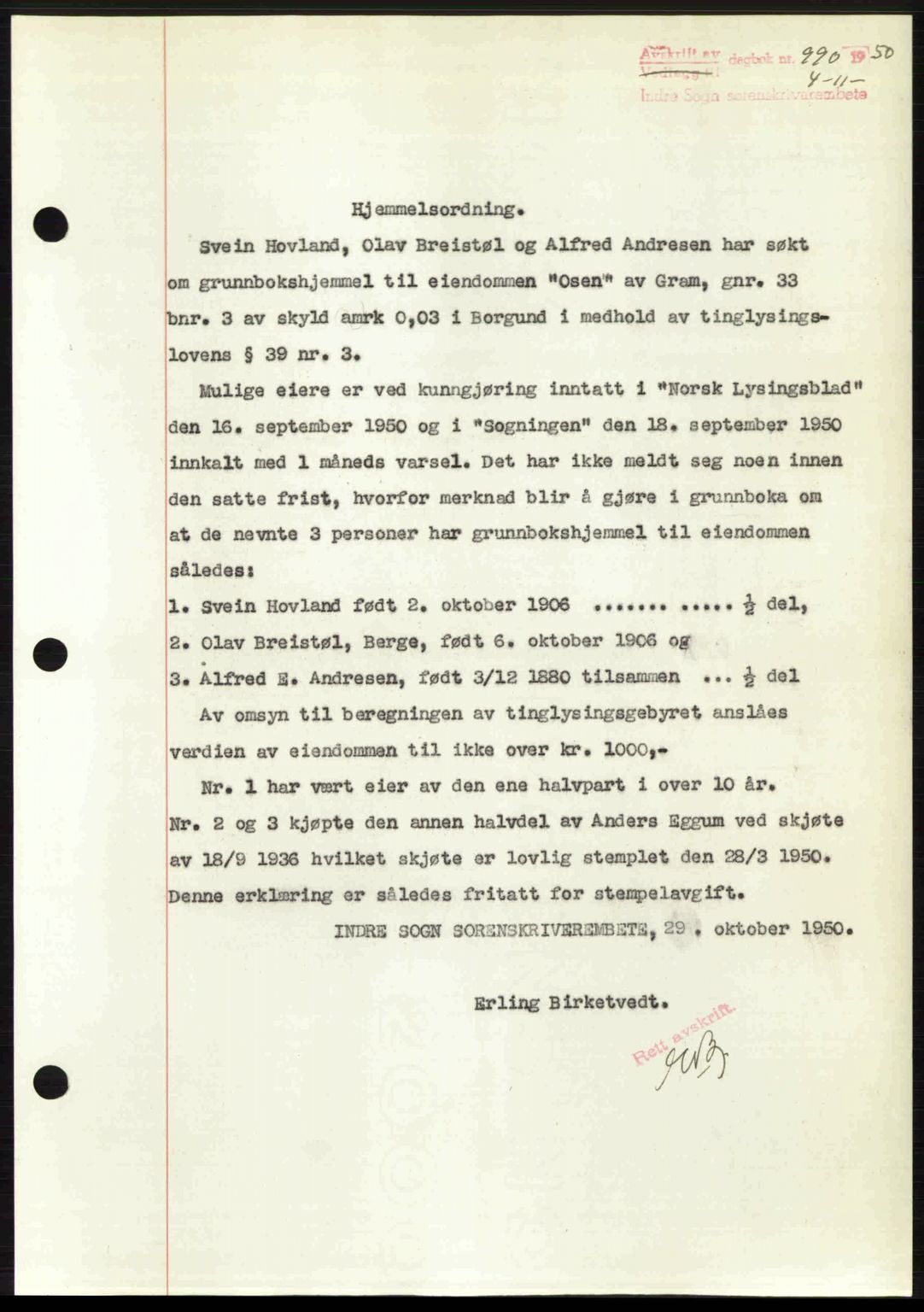 Indre Sogn tingrett, AV/SAB-A-3301/1/G/Gb/Gbb/L0012: Mortgage book no. A12, 1950-1950, Diary no: : 990/1950