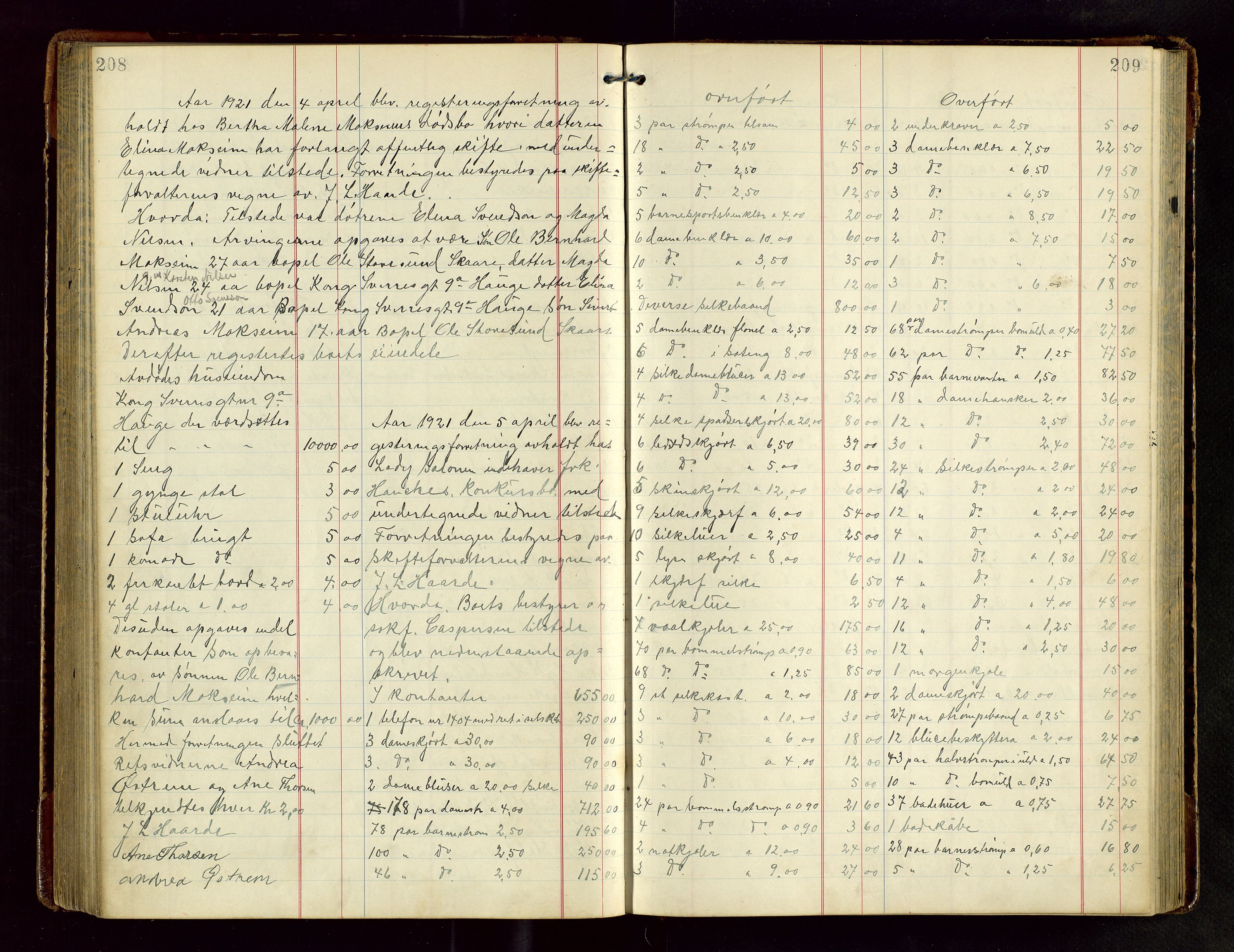 Haugesund tingrett, SAST/A-101415/01/IV/IVB/L0004: Skifteregistreringsprotokoll, med register, 1914-1923, p. 208-209