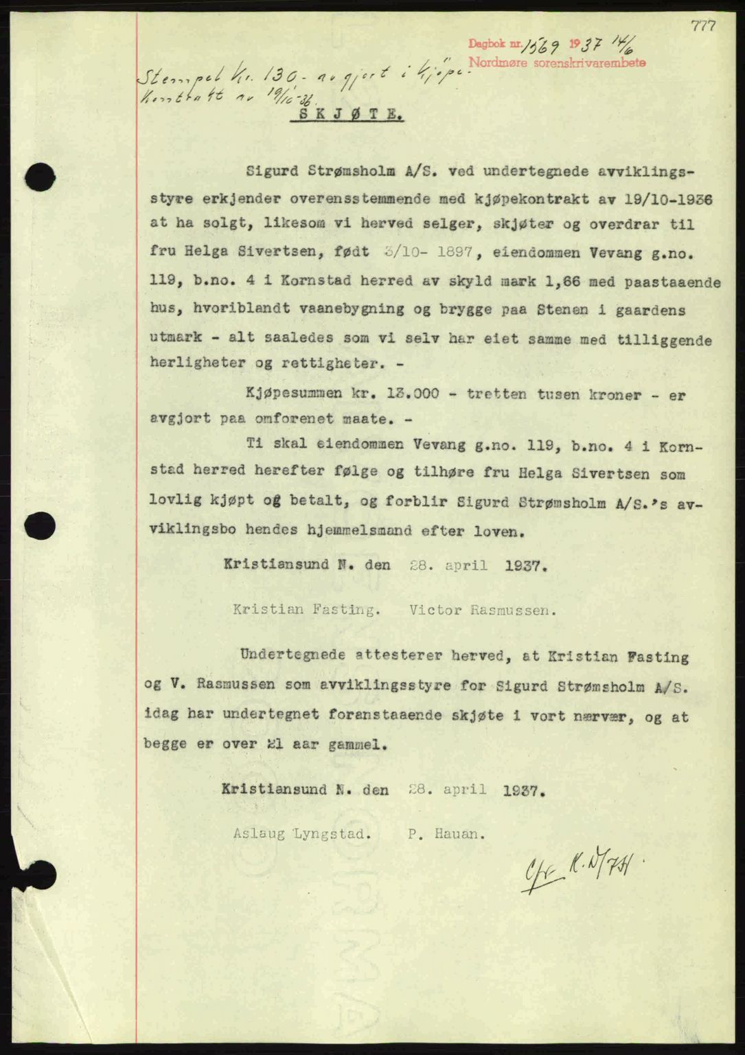 Nordmøre sorenskriveri, AV/SAT-A-4132/1/2/2Ca: Mortgage book no. A81, 1937-1937, Diary no: : 1569/1937