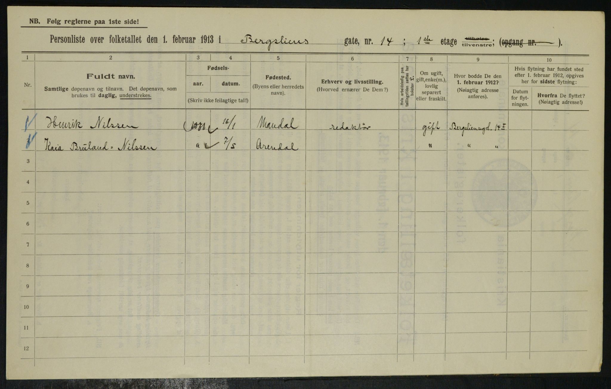 OBA, Municipal Census 1913 for Kristiania, 1913, p. 4165