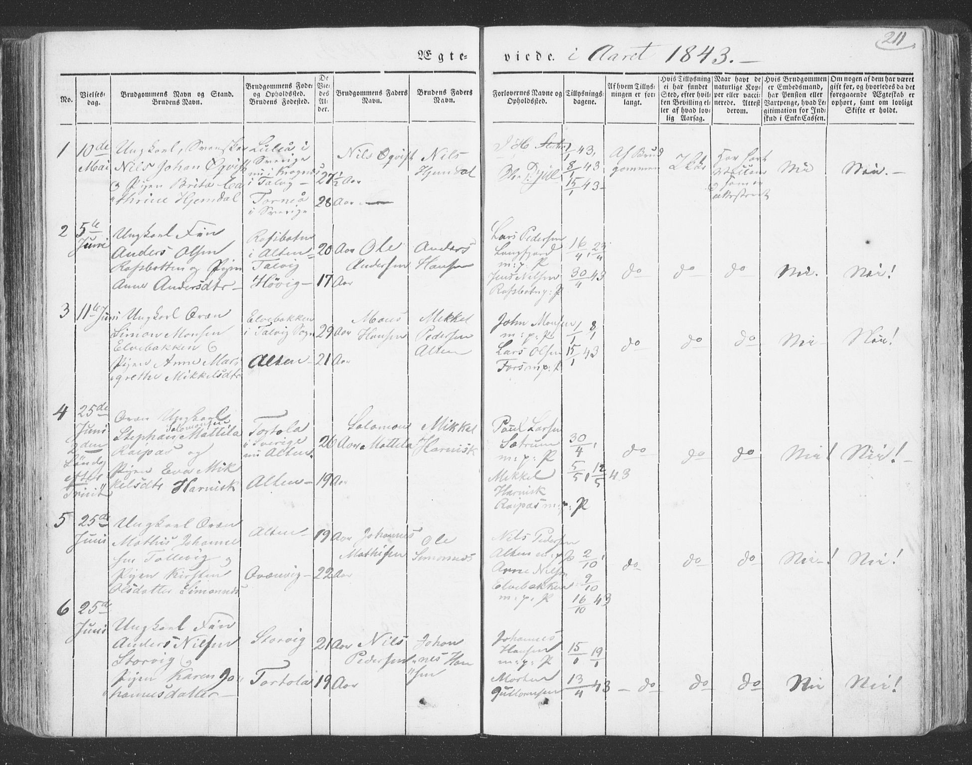 Talvik sokneprestkontor, SATØ/S-1337/H/Ha/L0009kirke: Parish register (official) no. 9, 1837-1852, p. 211