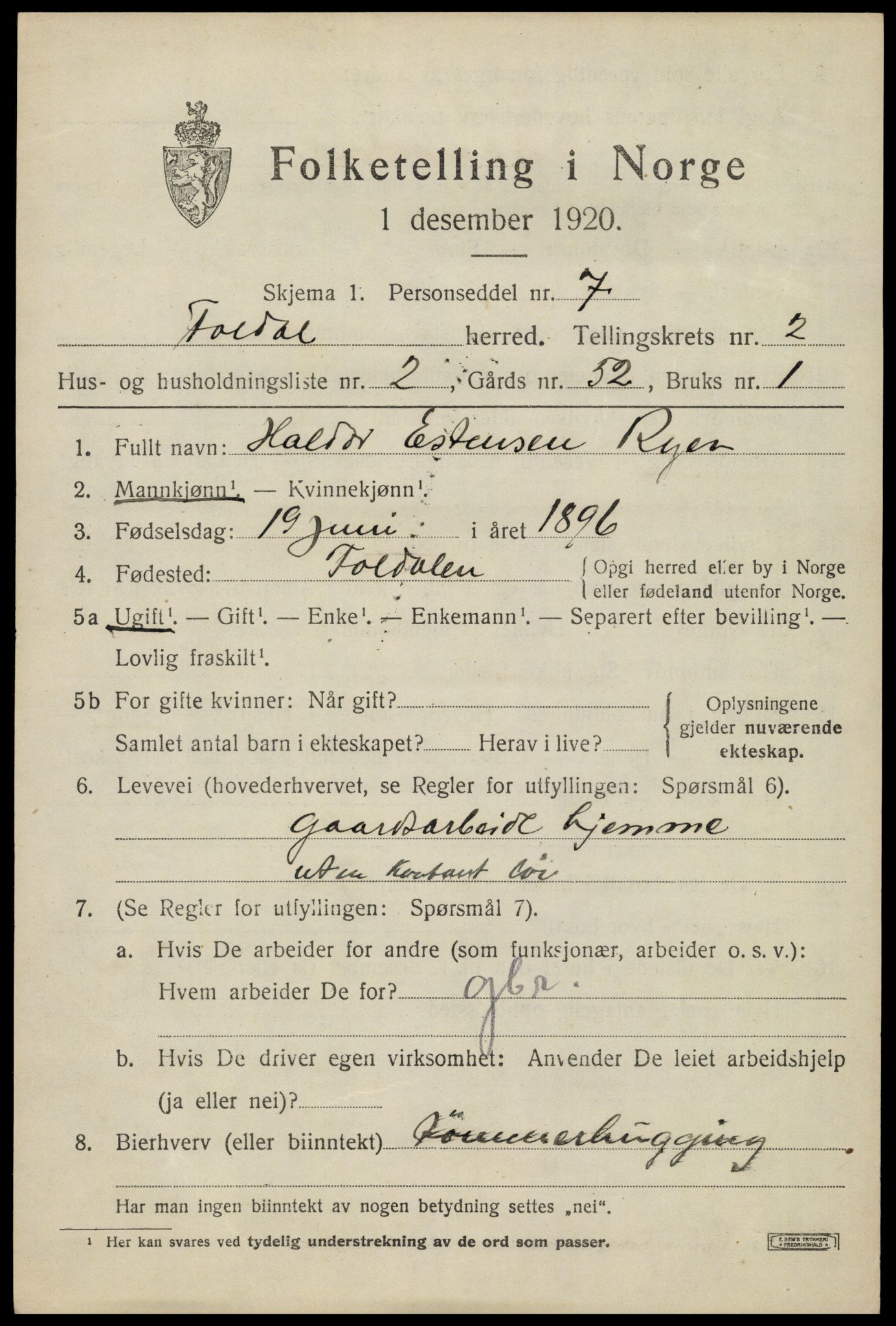 SAH, 1920 census for Folldal, 1920, p. 1057