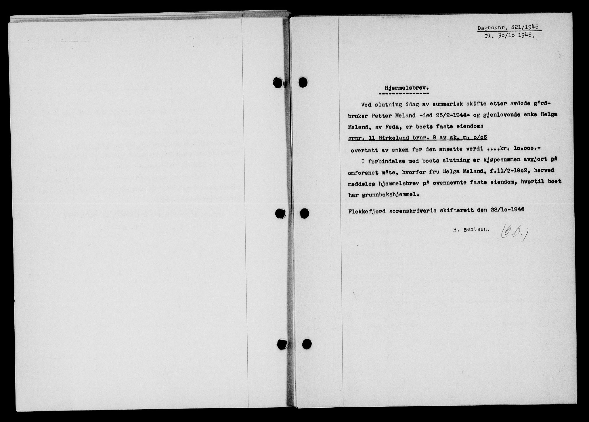 Flekkefjord sorenskriveri, SAK/1221-0001/G/Gb/Gba/L0061: Mortgage book no. A-9, 1946-1947, Diary no: : 821/1946