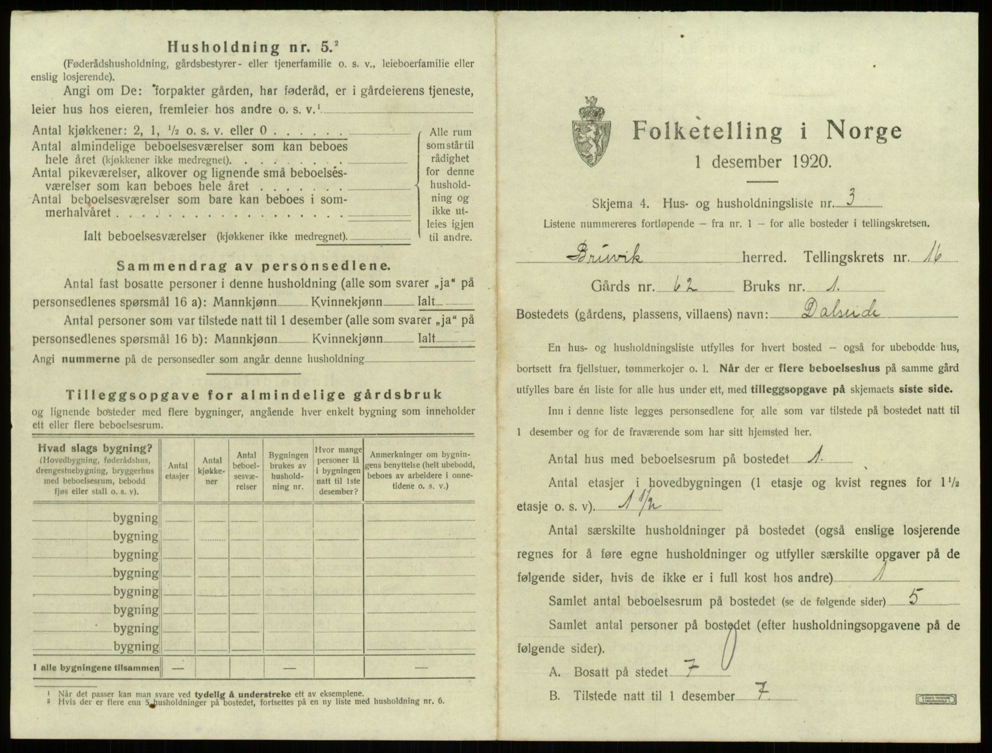 SAB, 1920 census for Bruvik, 1920, p. 1076