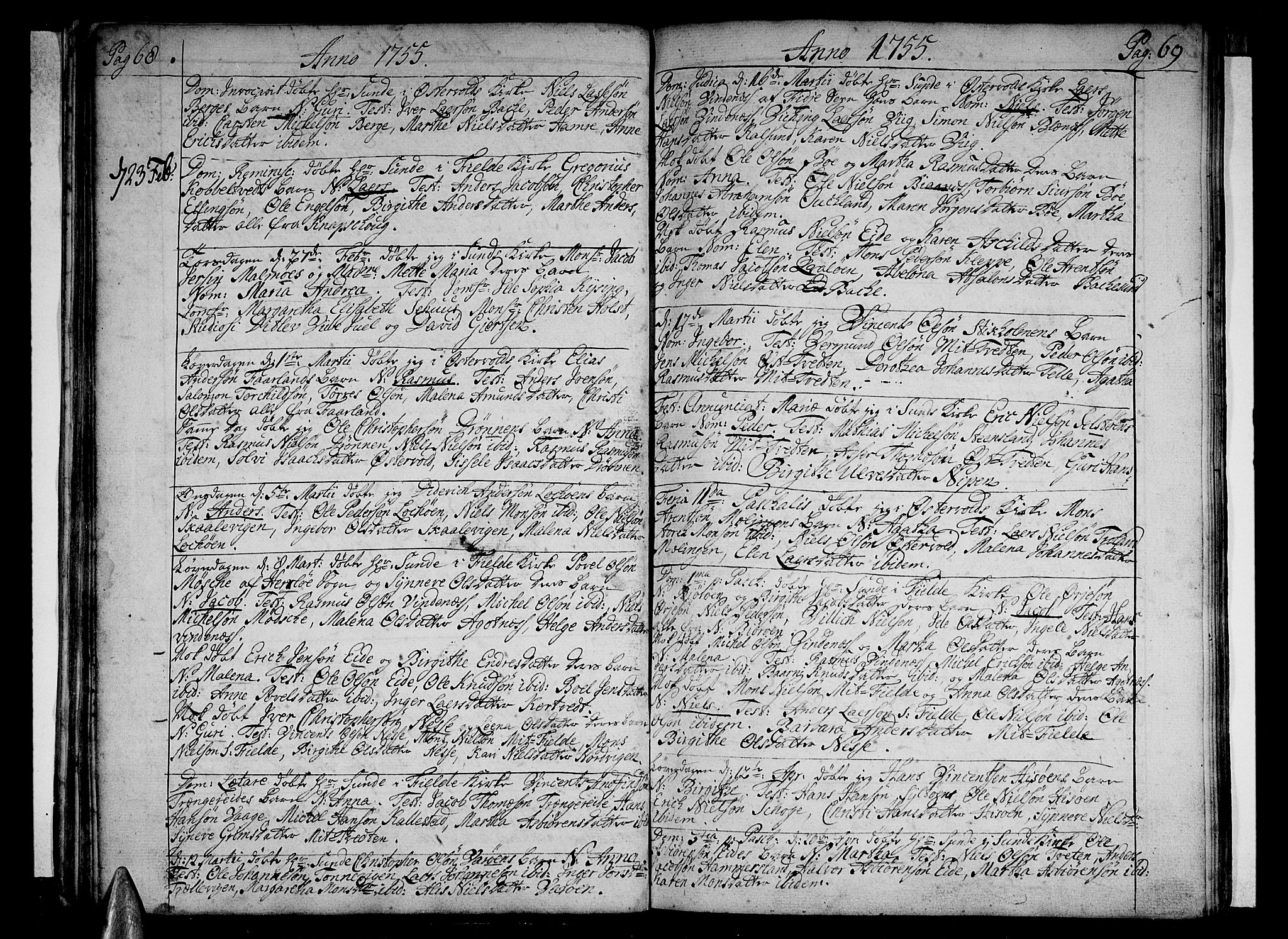 Sund sokneprestembete, AV/SAB-A-99930: Parish register (official) no. A 4, 1748-1769, p. 68-69