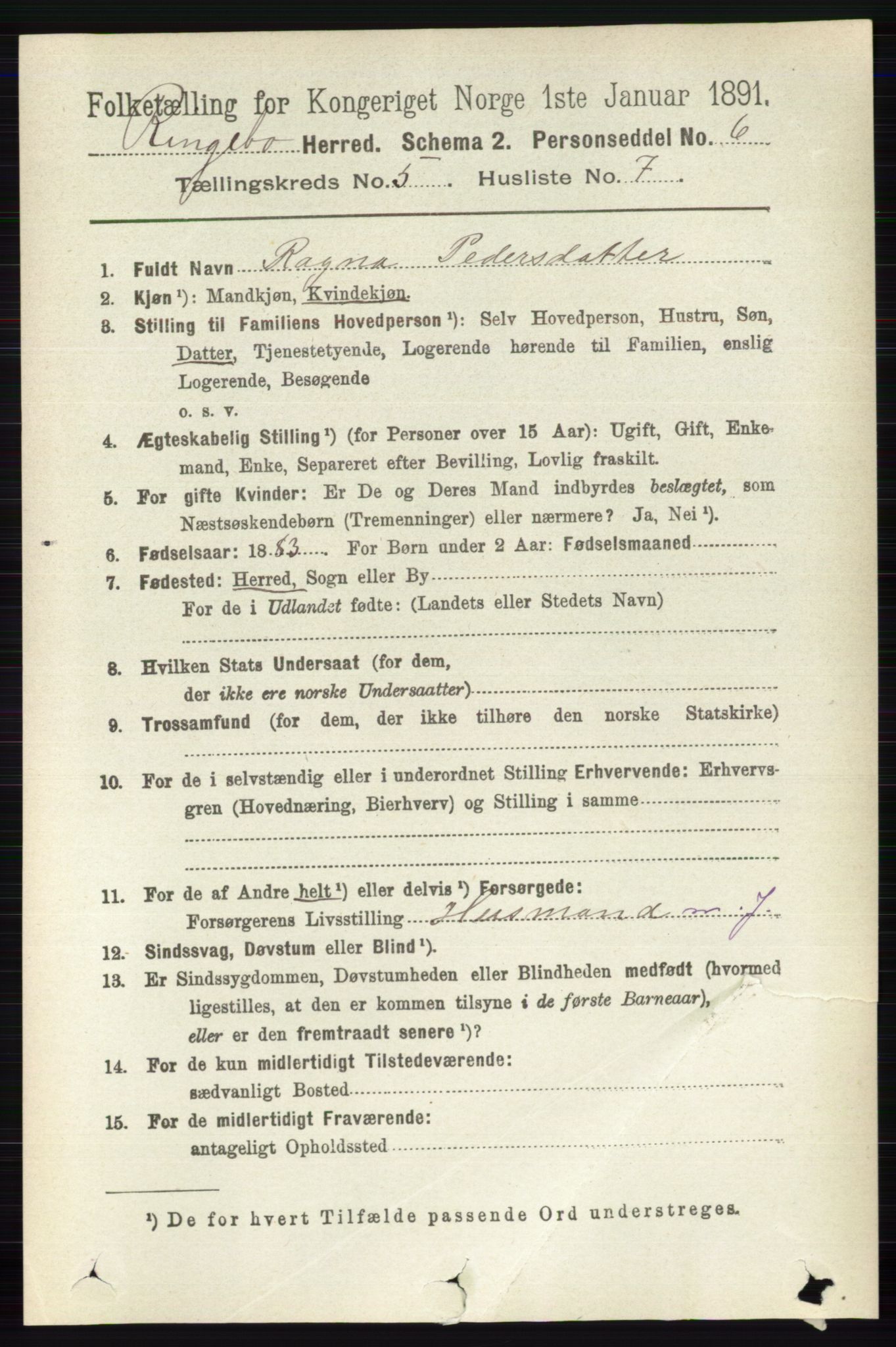 RA, 1891 census for 0520 Ringebu, 1891, p. 2012