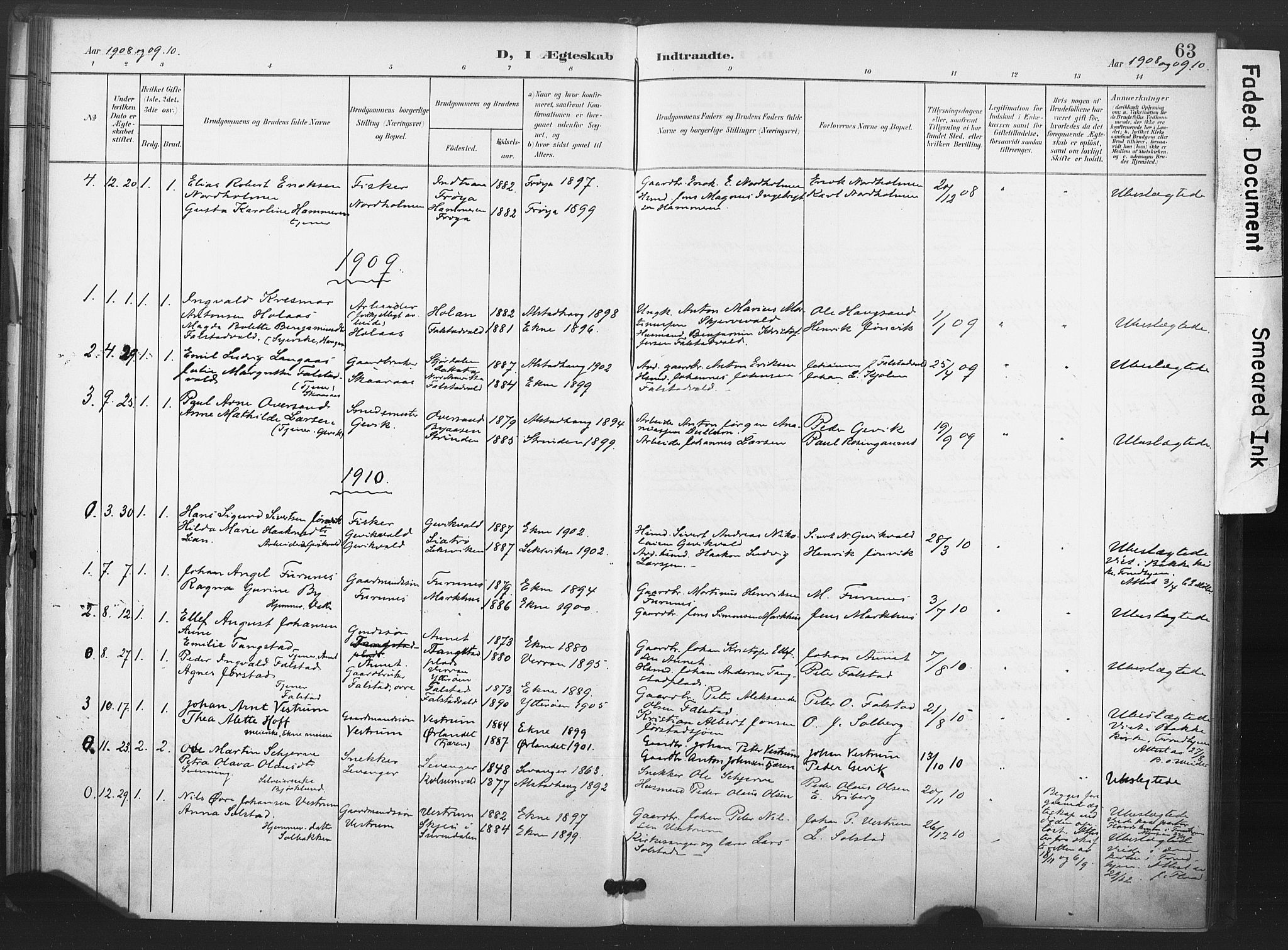 Ministerialprotokoller, klokkerbøker og fødselsregistre - Nord-Trøndelag, AV/SAT-A-1458/719/L0179: Parish register (official) no. 719A02, 1901-1923, p. 63