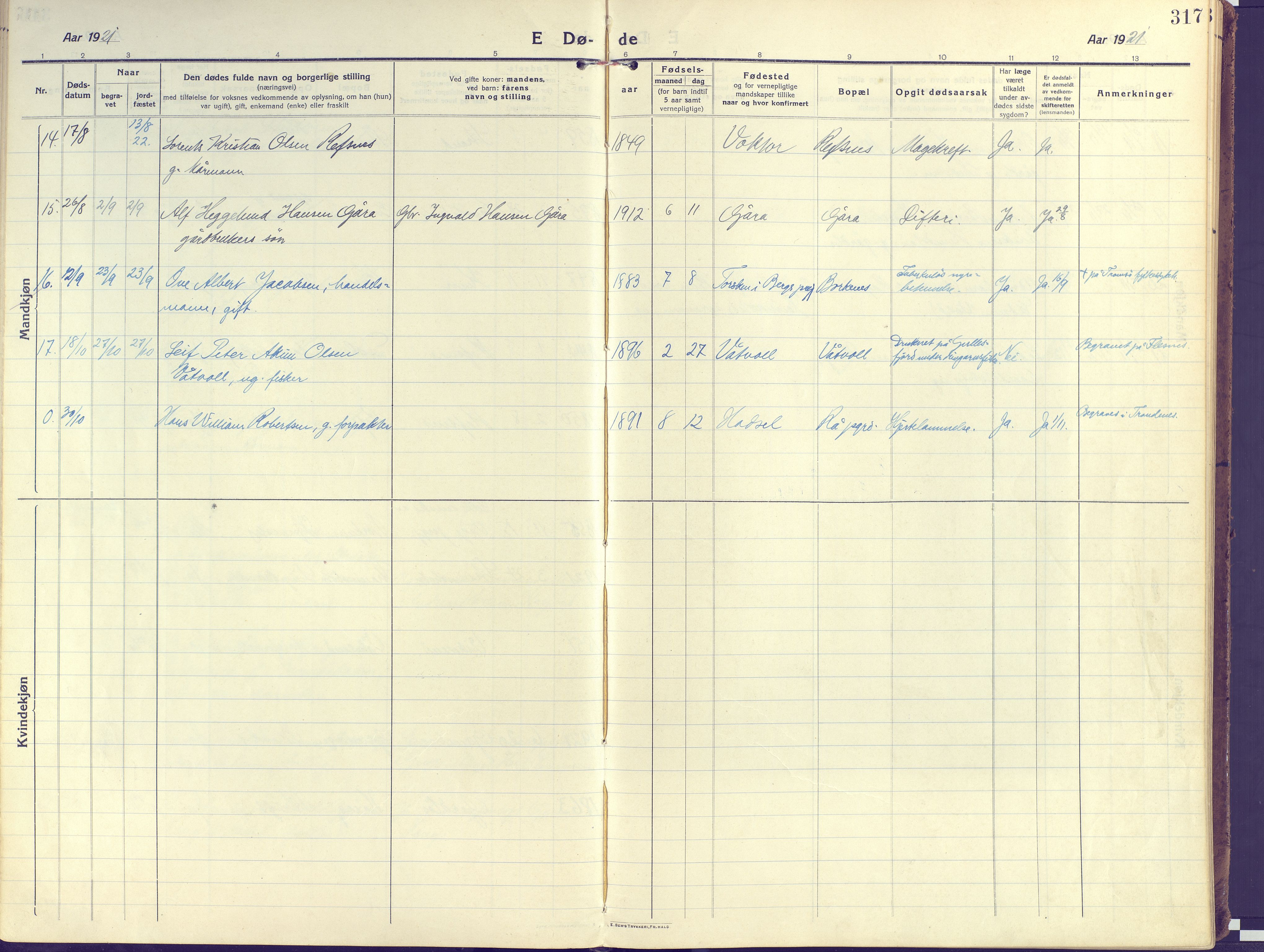 Kvæfjord sokneprestkontor, SATØ/S-1323/G/Ga/Gaa/L0007kirke: Parish register (official) no. 7, 1915-1931, p. 317