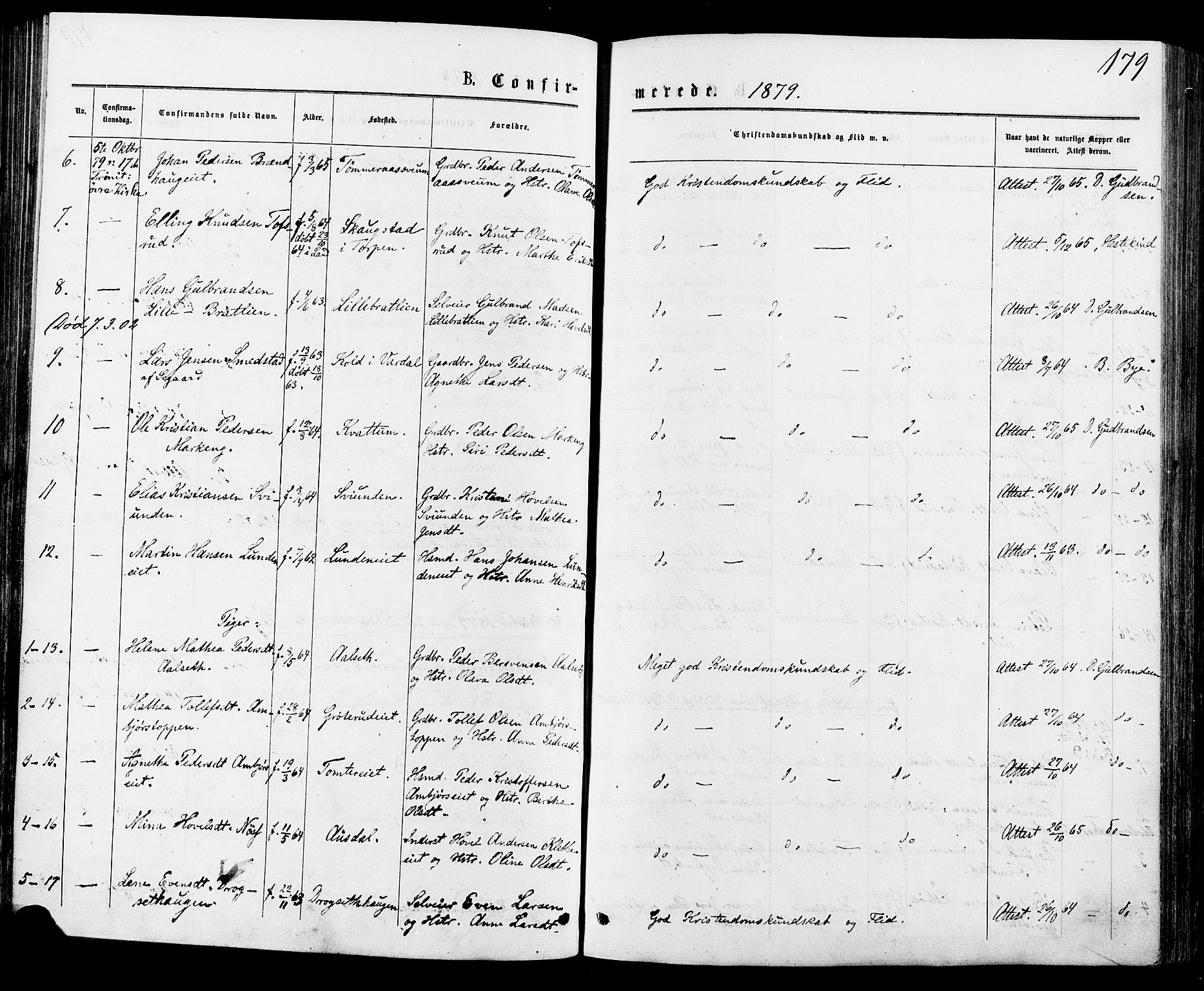 Biri prestekontor, SAH/PREST-096/H/Ha/Haa/L0006: Parish register (official) no. 6, 1877-1886, p. 179