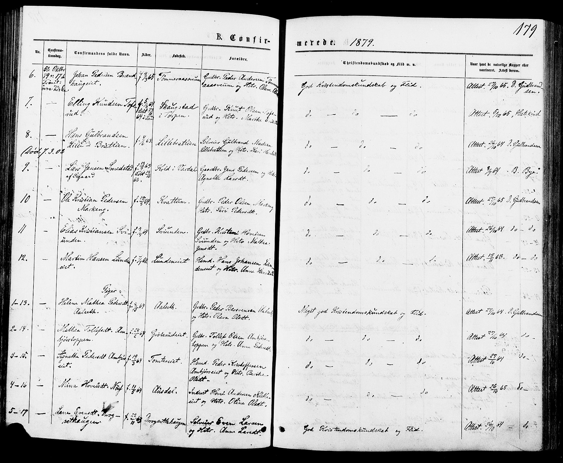 Biri prestekontor, AV/SAH-PREST-096/H/Ha/Haa/L0006: Parish register (official) no. 6, 1877-1886, p. 179