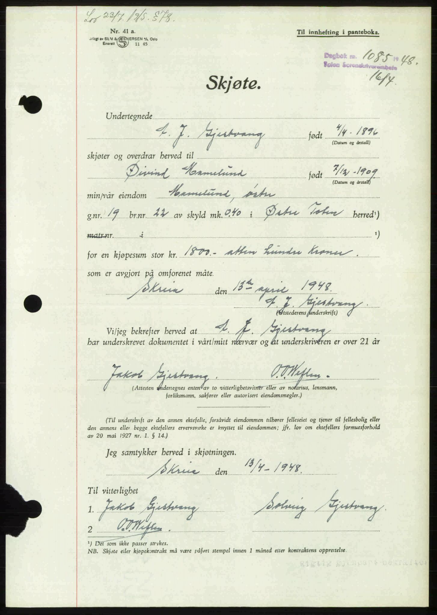 Toten tingrett, AV/SAH-TING-006/H/Hb/Hbc/L0019: Mortgage book no. Hbc-19, 1947-1948, Diary no: : 1085/1948