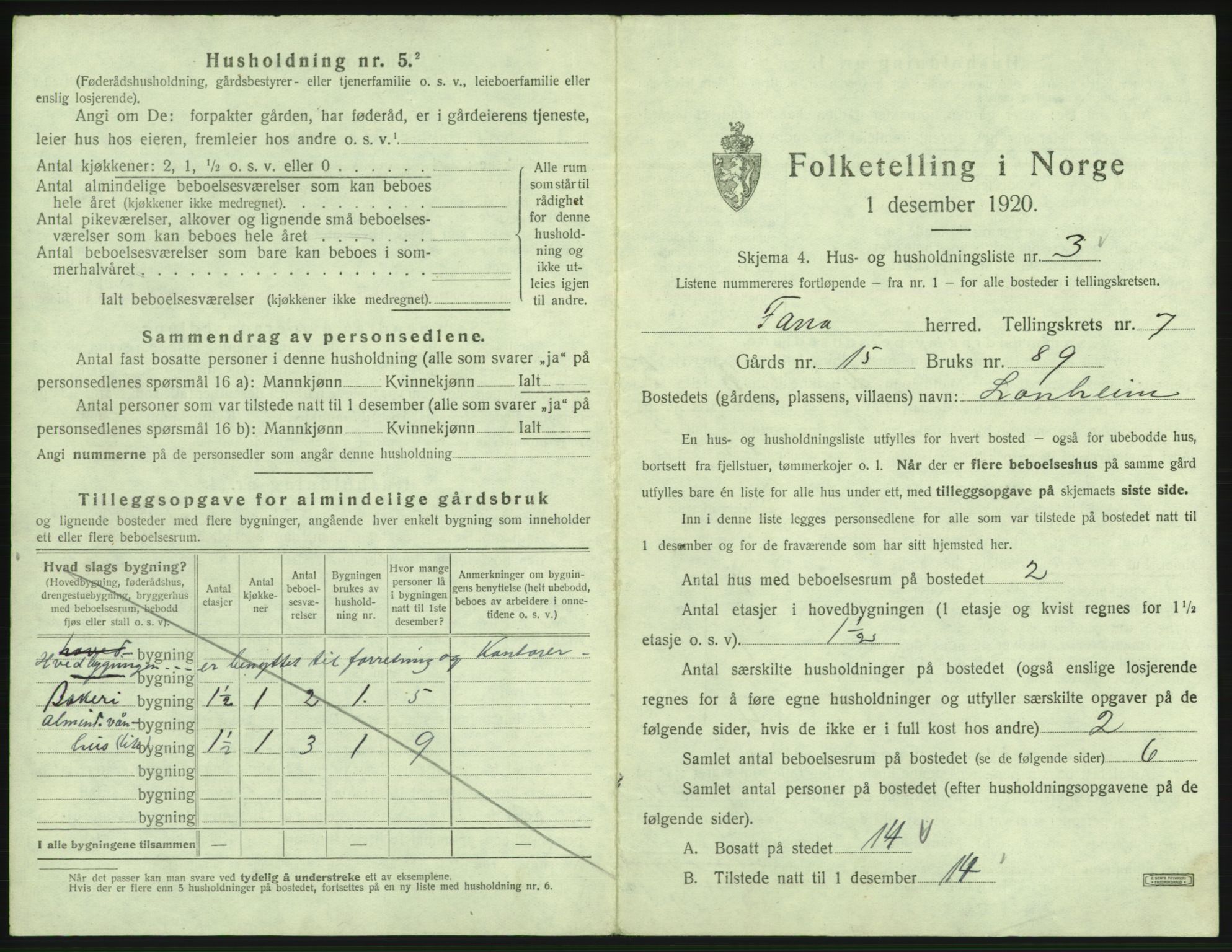 SAB, 1920 census for Fana, 1920, p. 1238