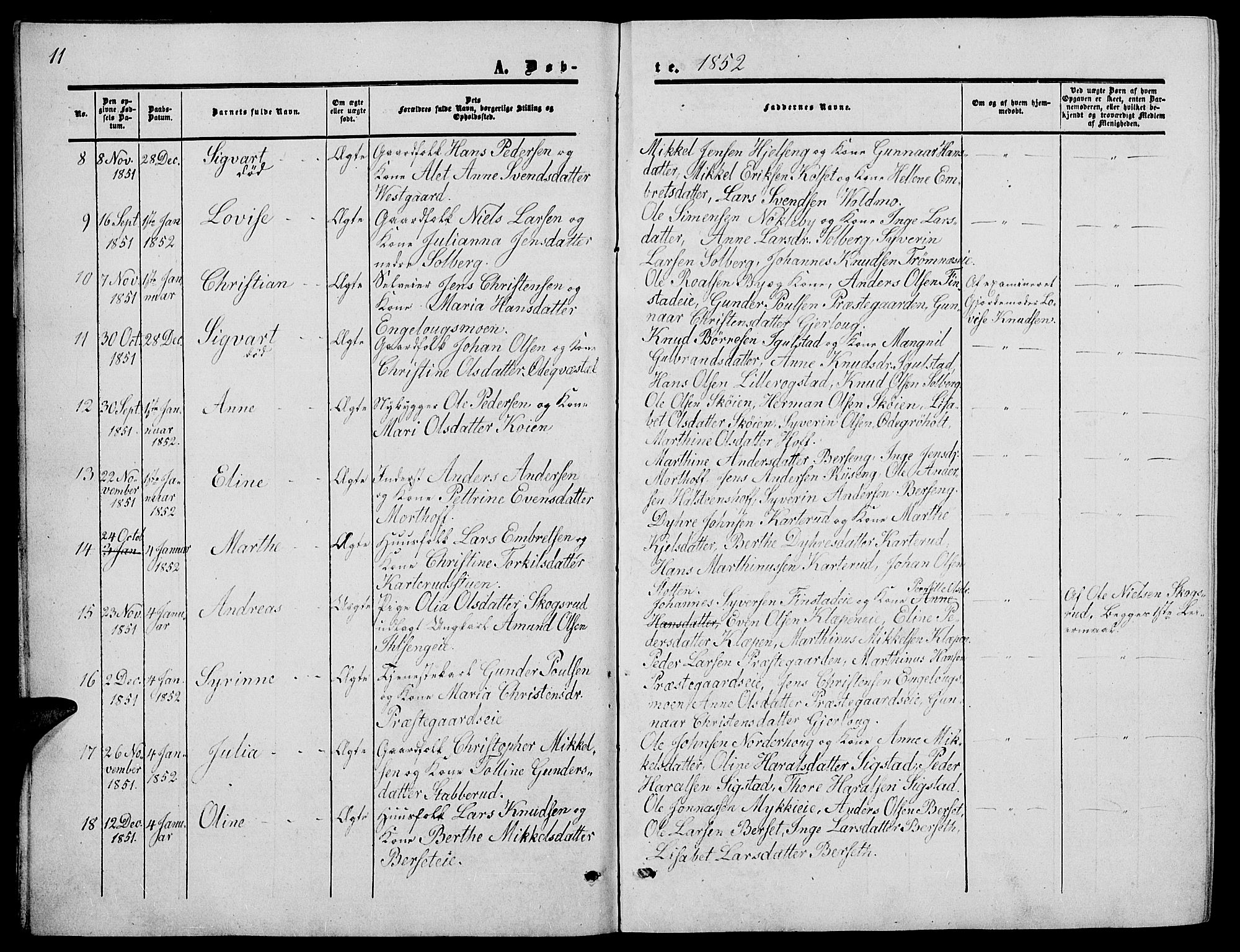 Løten prestekontor, SAH/PREST-022/L/La/L0003: Parish register (copy) no. 3, 1850-1862, p. 11