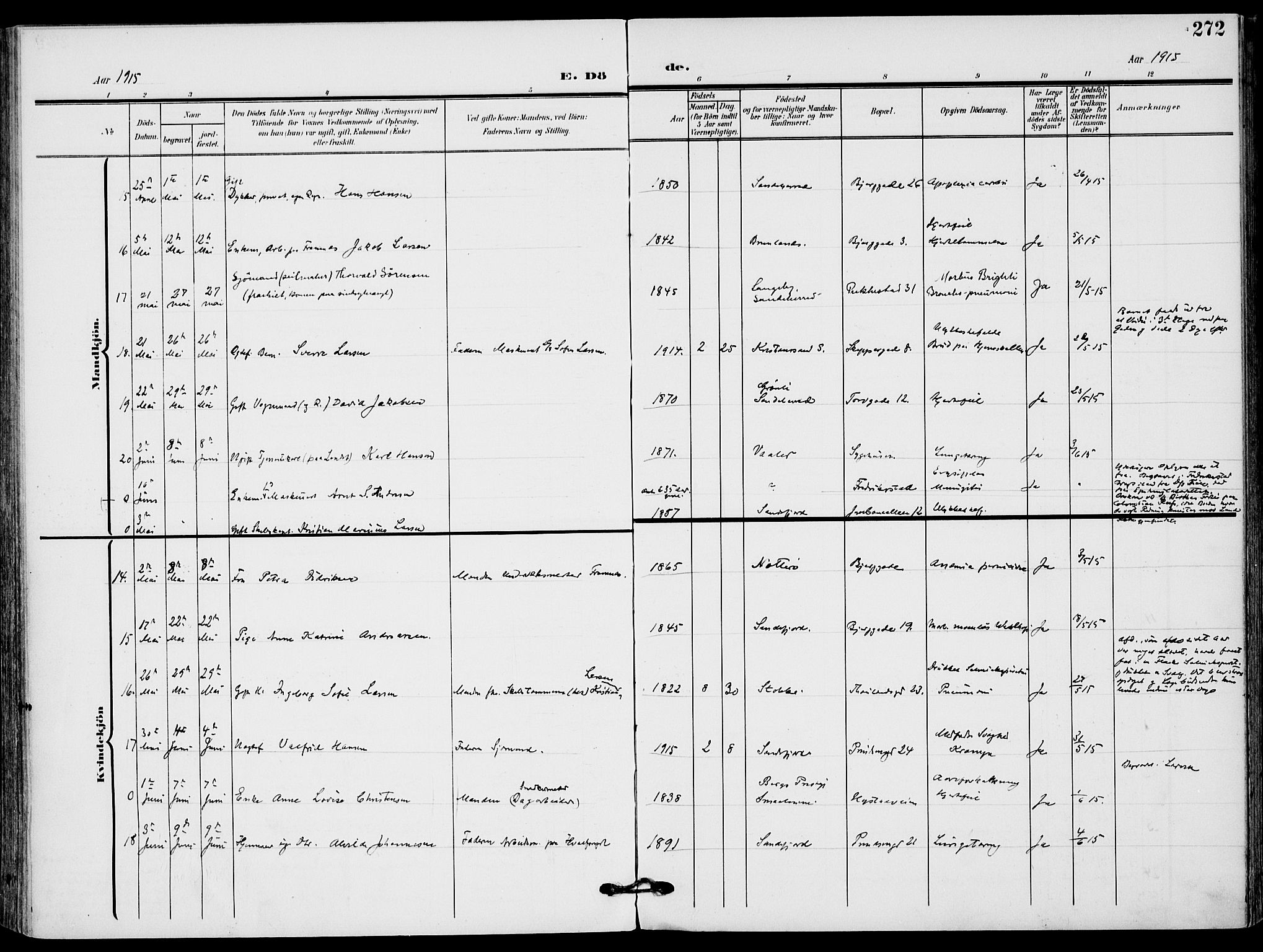 Sandefjord kirkebøker, AV/SAKO-A-315/F/Fa/L0005: Parish register (official) no. 5, 1906-1915, p. 272