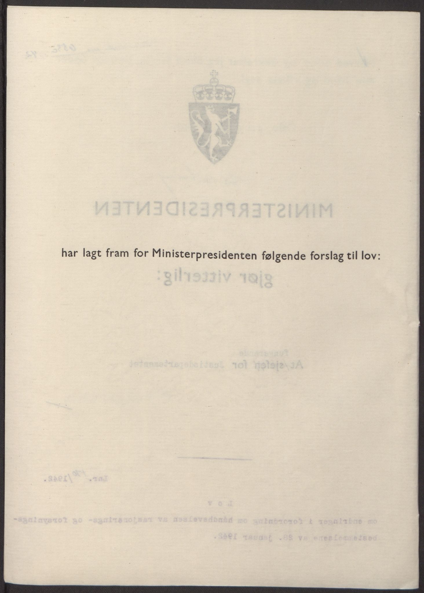 NS-administrasjonen 1940-1945 (Statsrådsekretariatet, de kommisariske statsråder mm), RA/S-4279/D/Db/L0098: Lover II, 1942, p. 268