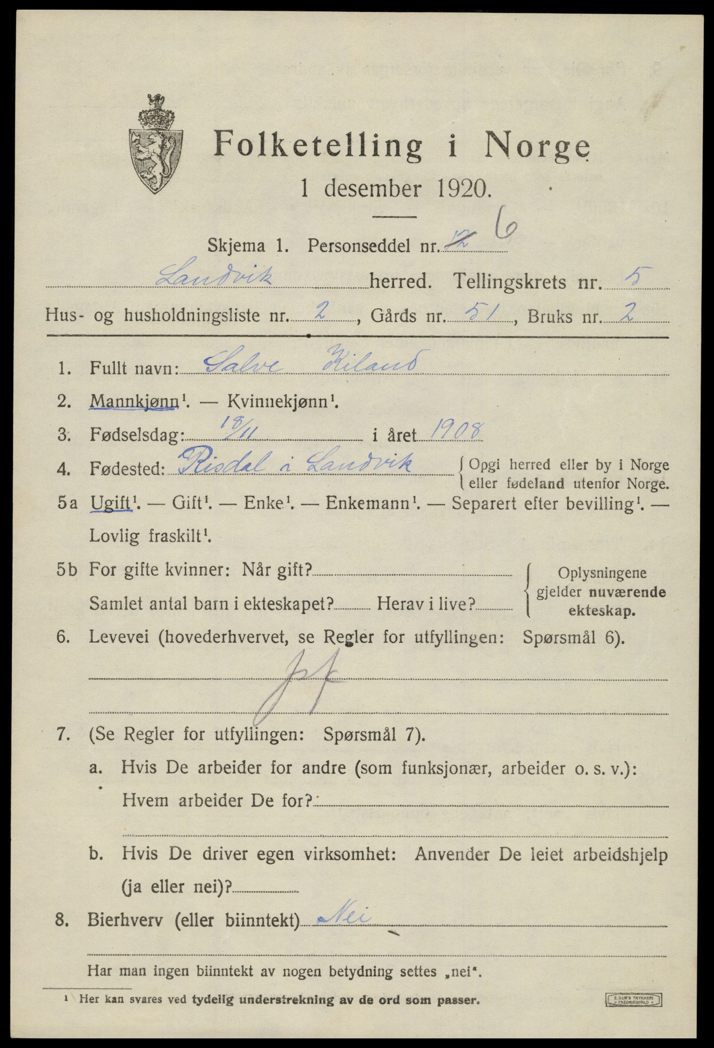 SAK, 1920 census for Landvik, 1920, p. 4030