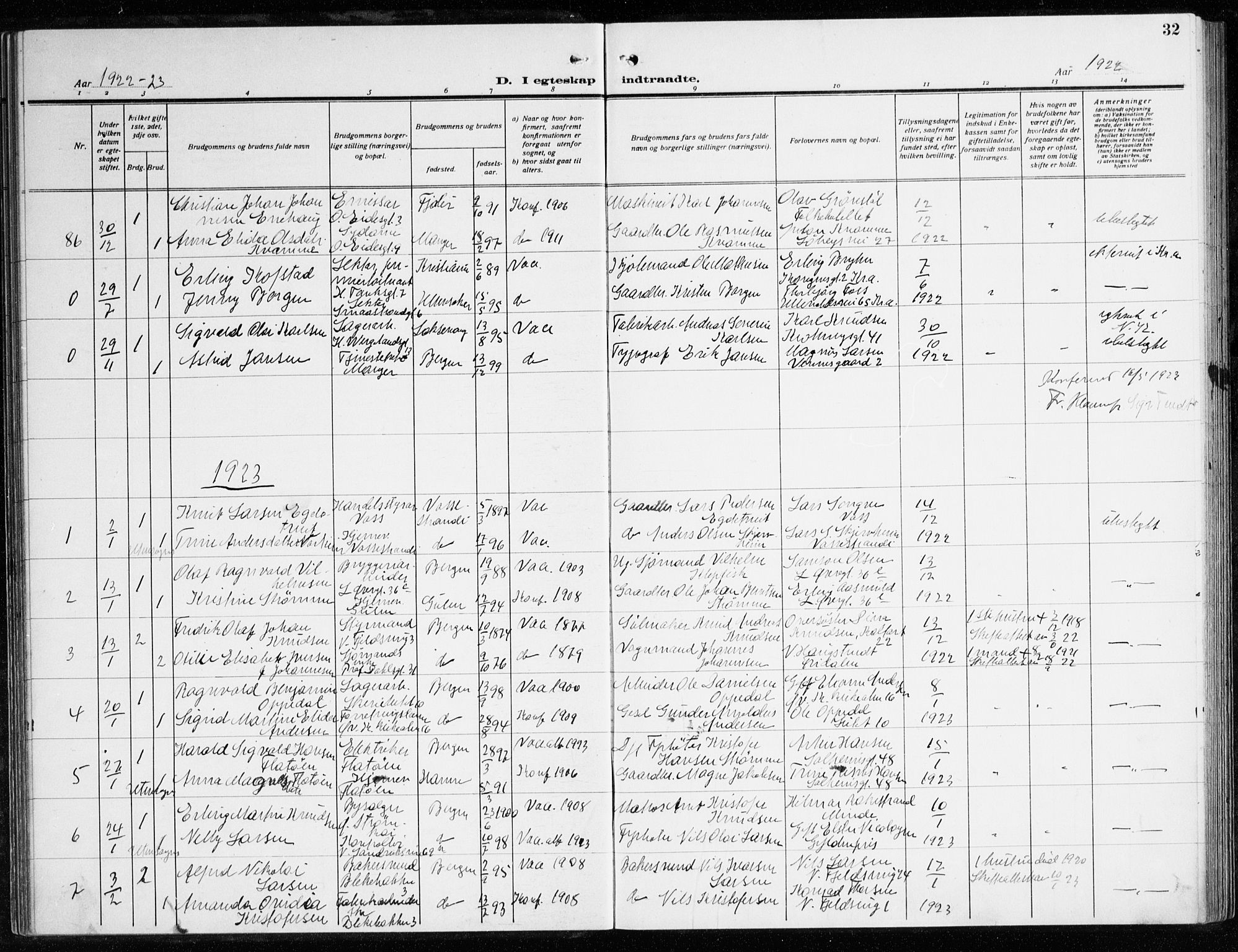 Korskirken sokneprestembete, SAB/A-76101/H/Haa/L0039: Parish register (official) no. D 6, 1919-1938, p. 32