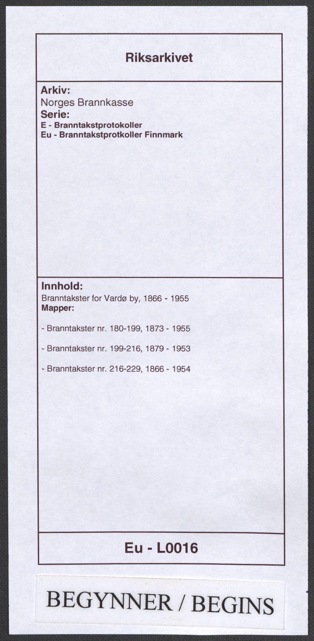 Norges Brannkasse, AV/RA-S-1549/E/Eu/L0016: Branntakster for Vardø by, 1866-1955, p. 1