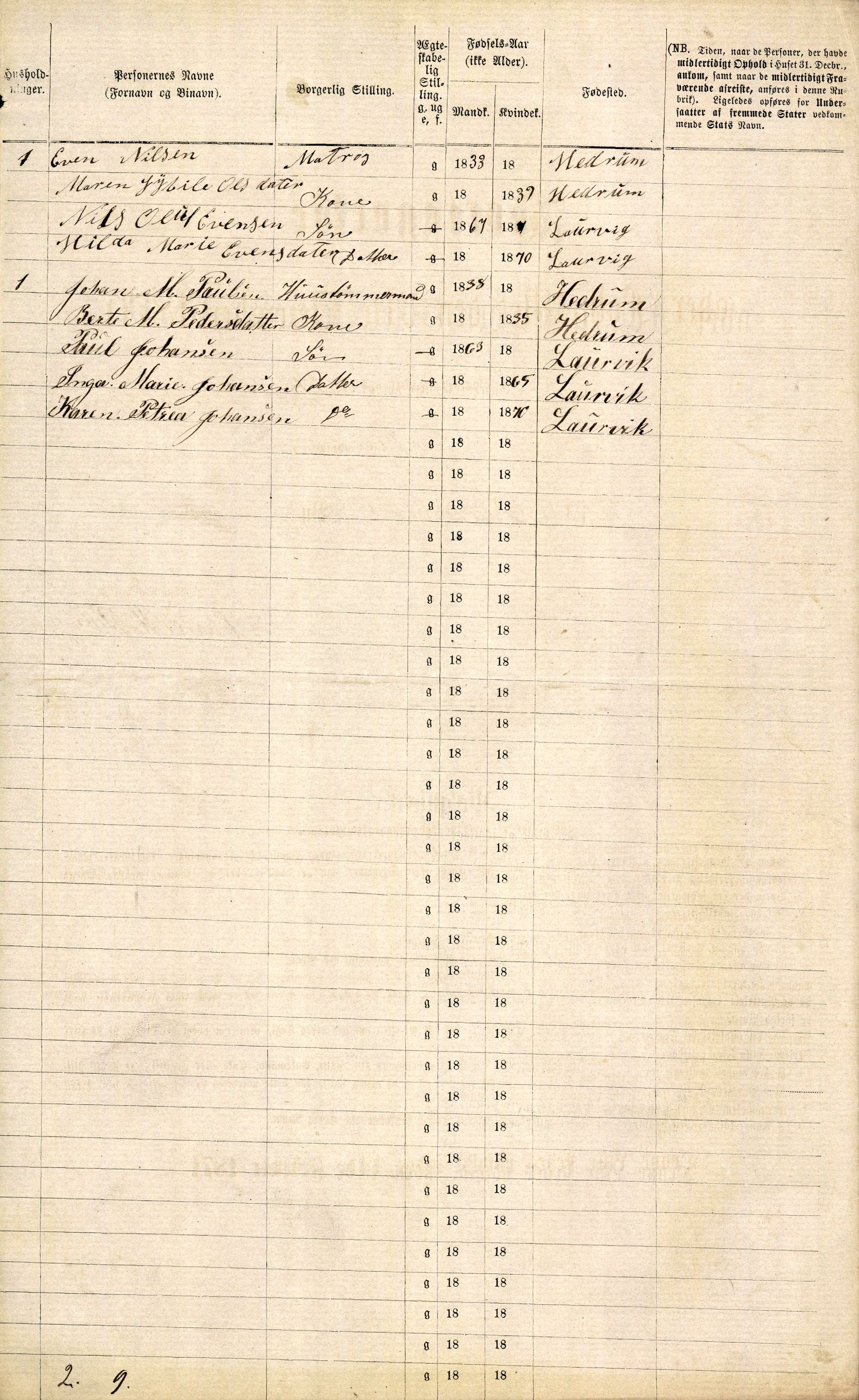 RA, 1870 census for 0707 Larvik, 1870, p. 618