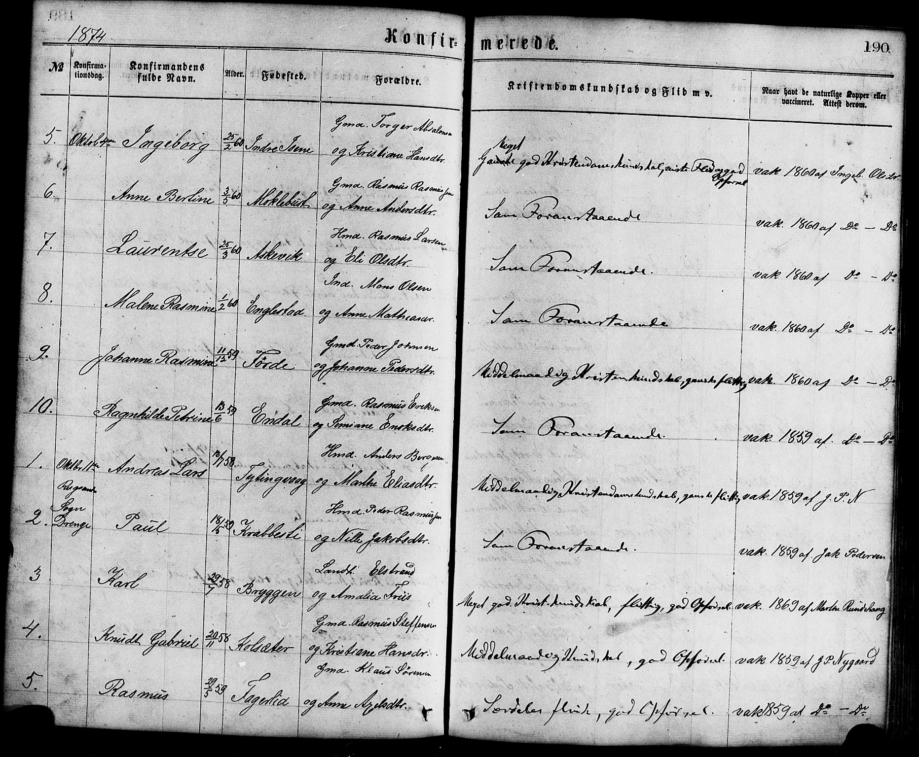 Davik sokneprestembete, SAB/A-79701/H/Haa/Haaa/L0006: Parish register (official) no. A 6, 1867-1881, p. 190